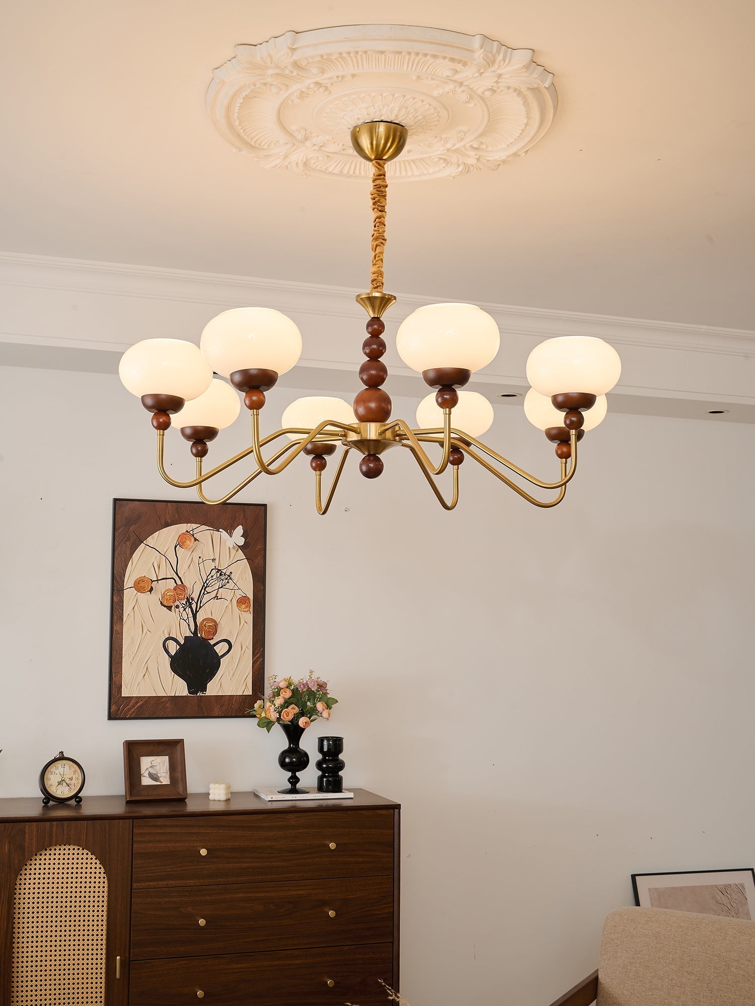Sylaian Chandelier Glass Wood Brass Modern 6-Light