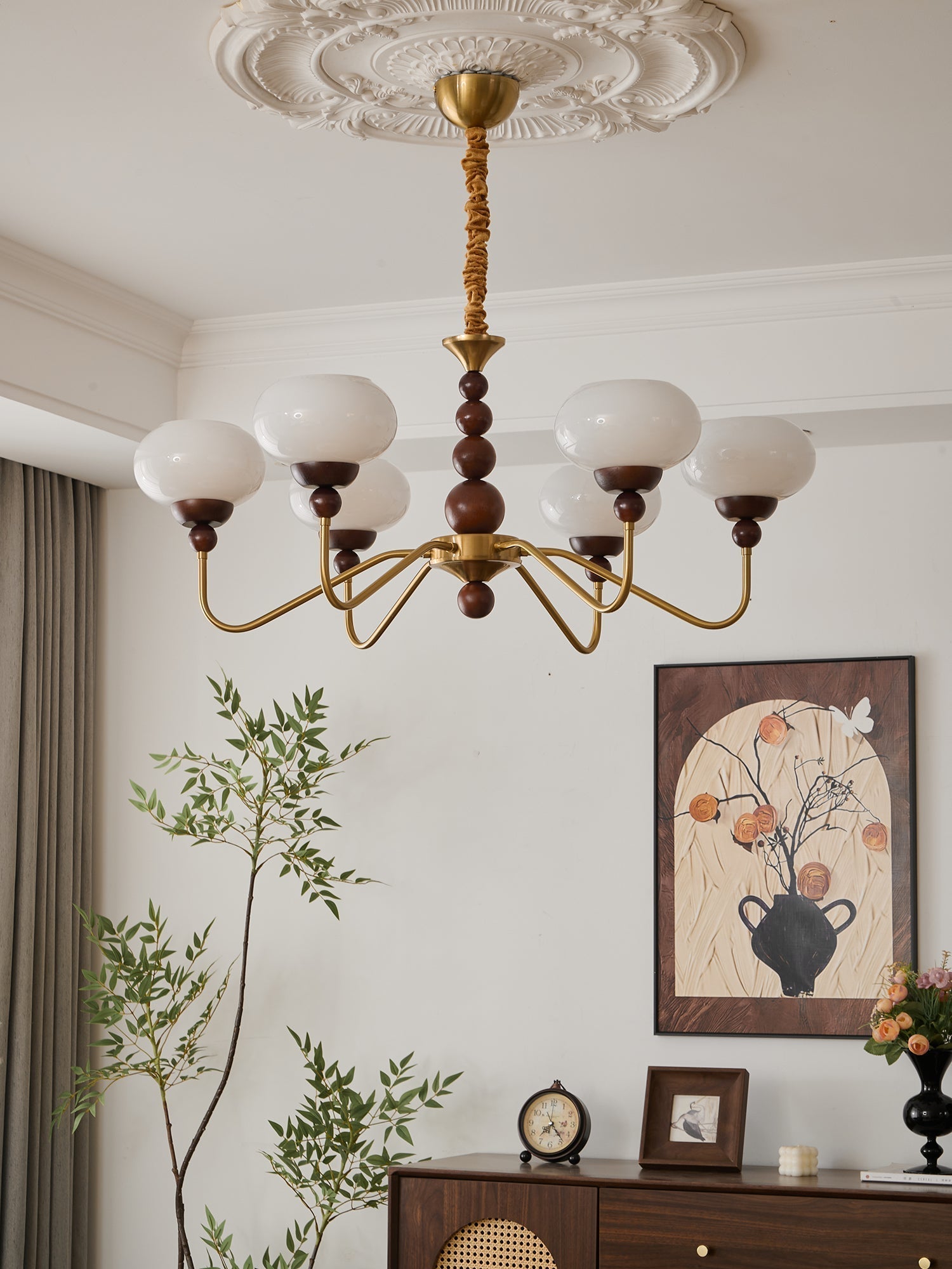 Sylaian Chandelier Glass Wood Brass Modern 6-Light