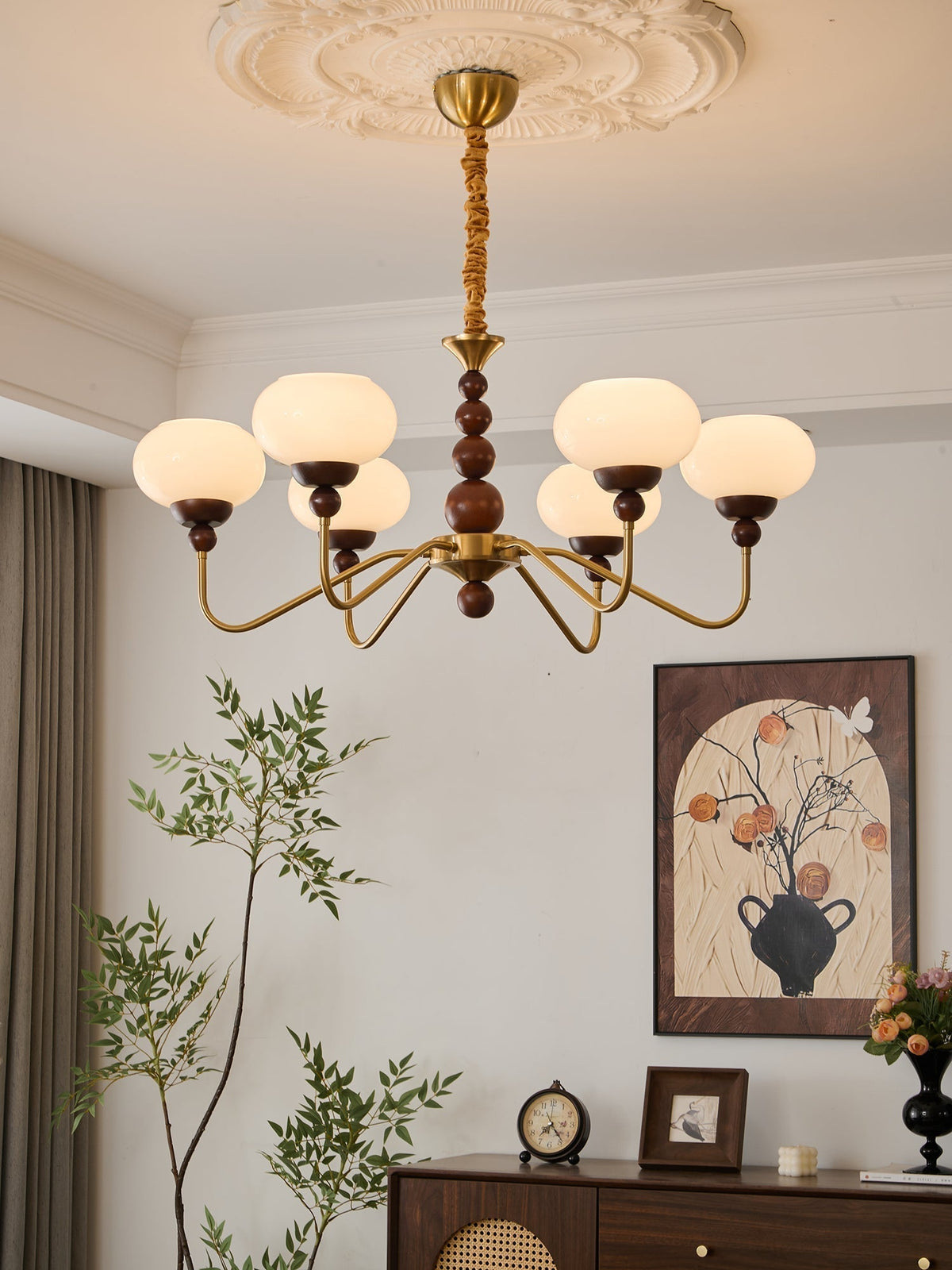 Sylaian Chandelier Glass Wood Brass Modern 6-Light