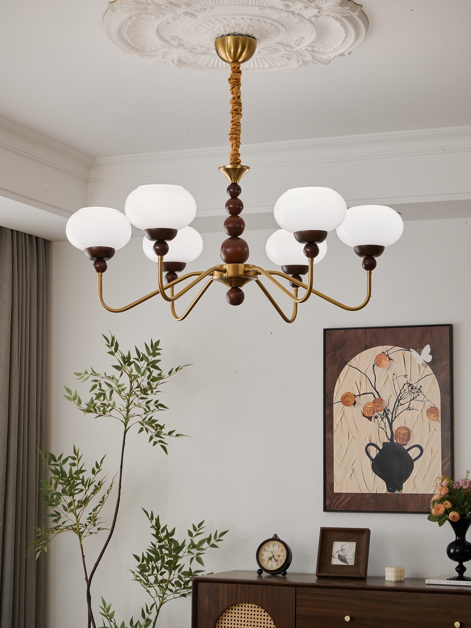 Sylaian Chandelier Glass Wood Brass Modern 6-Light