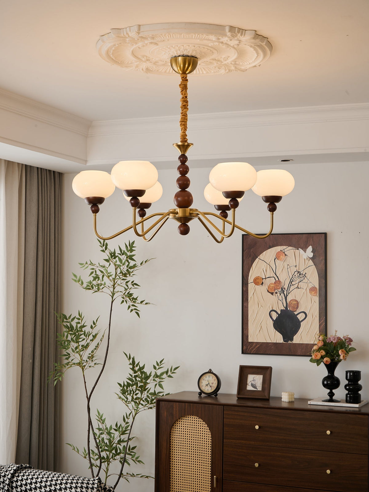 Sylaian Chandelier Glass Wood Brass Modern 6-Light