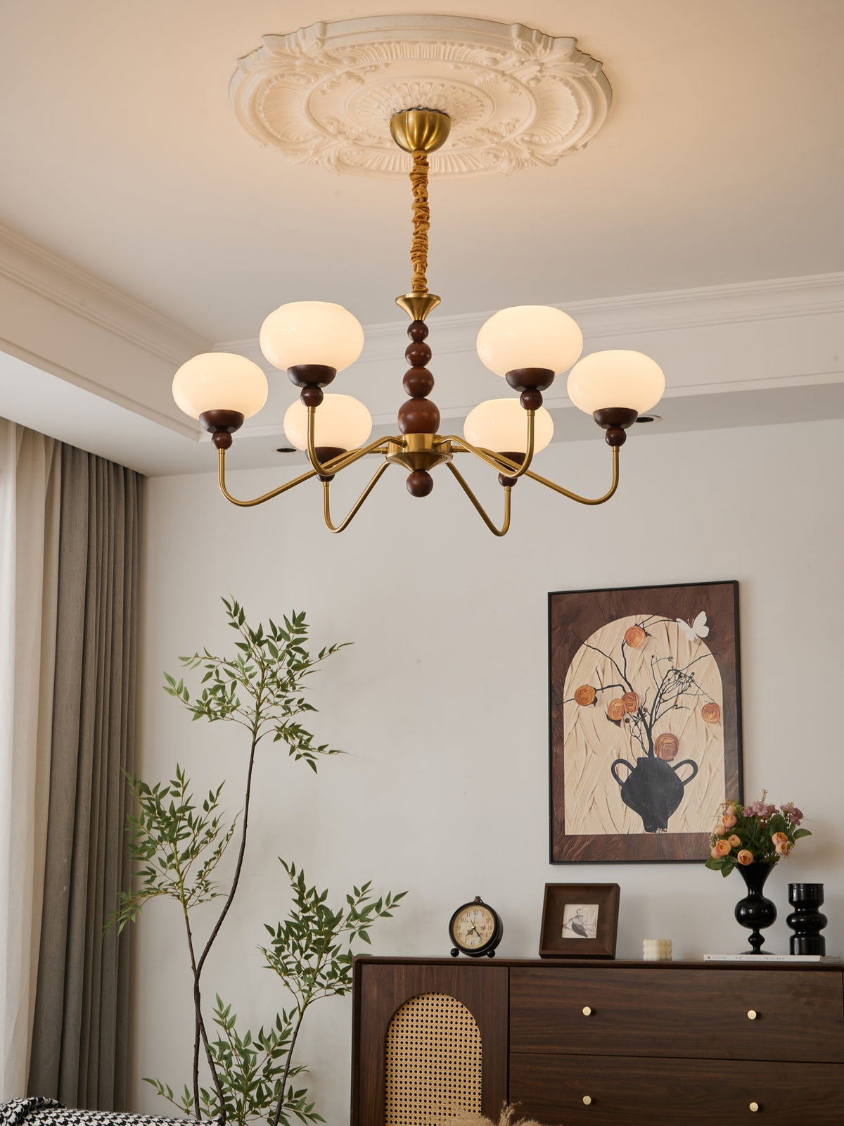 Sylaian Chandelier Glass Wood Brass Modern 6-Light