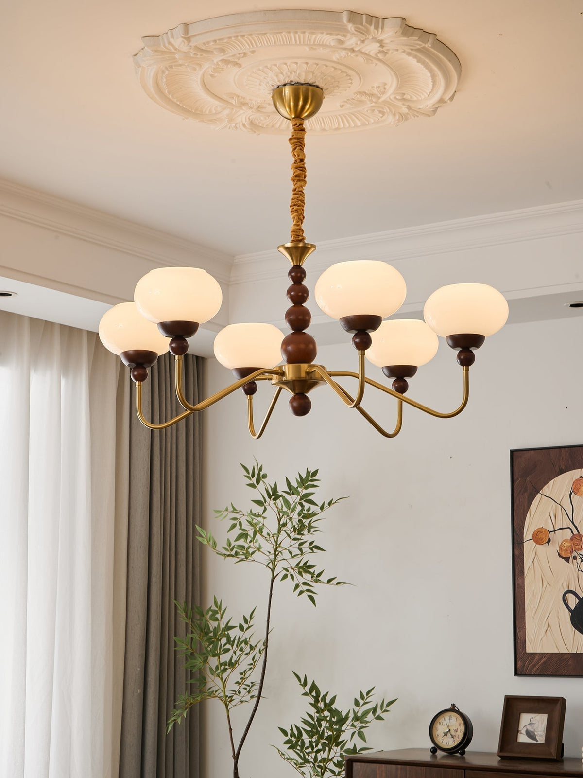 Sylaian Chandelier Glass Wood Brass Modern 6-Light