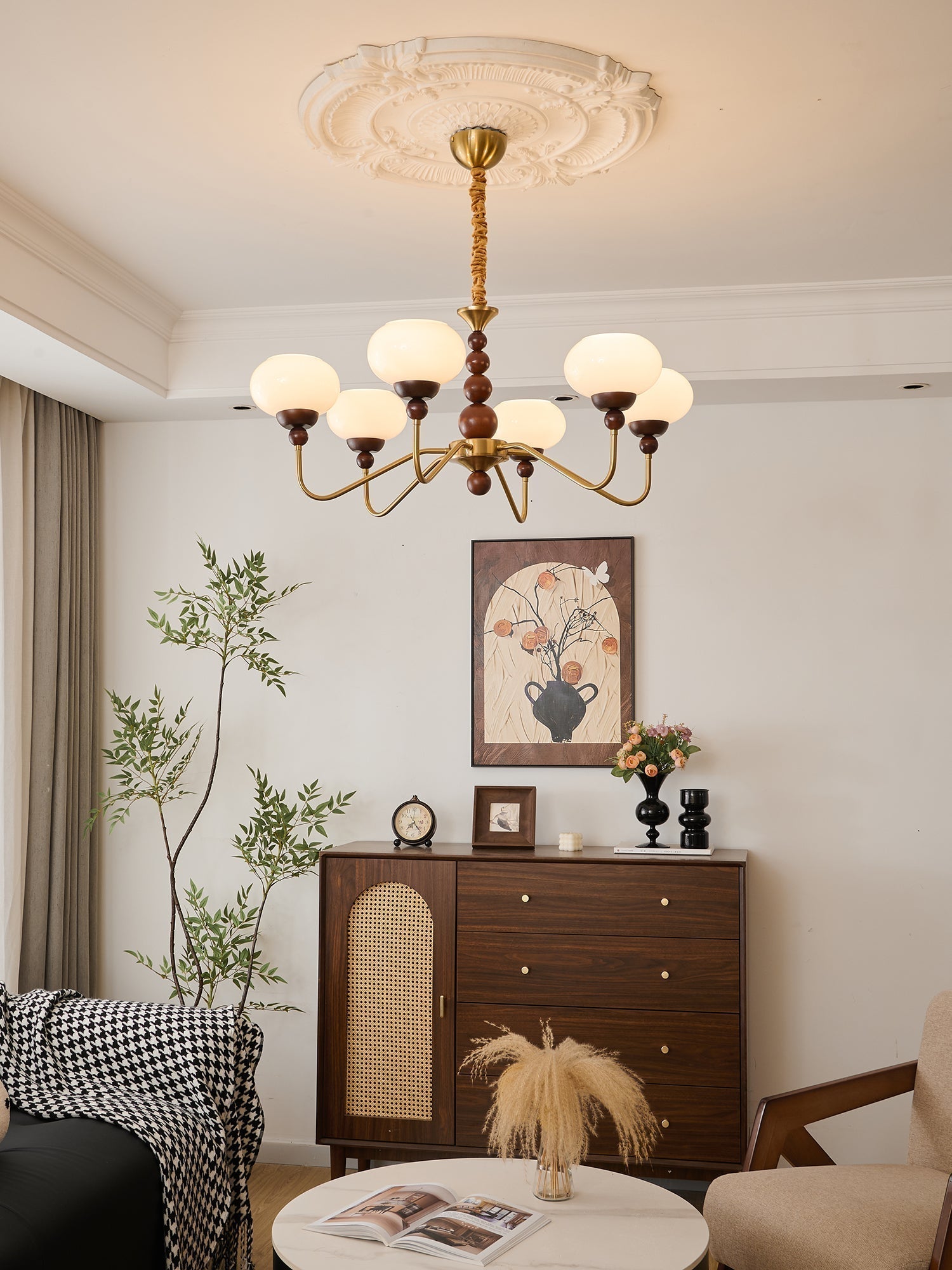 Sylaian Chandelier Glass Wood Brass Modern 6-Light