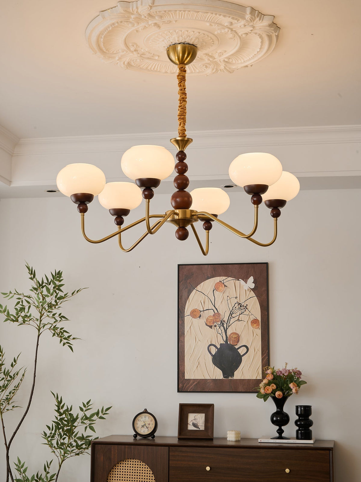 Sylaian Chandelier Glass Wood Brass Modern 6-Light