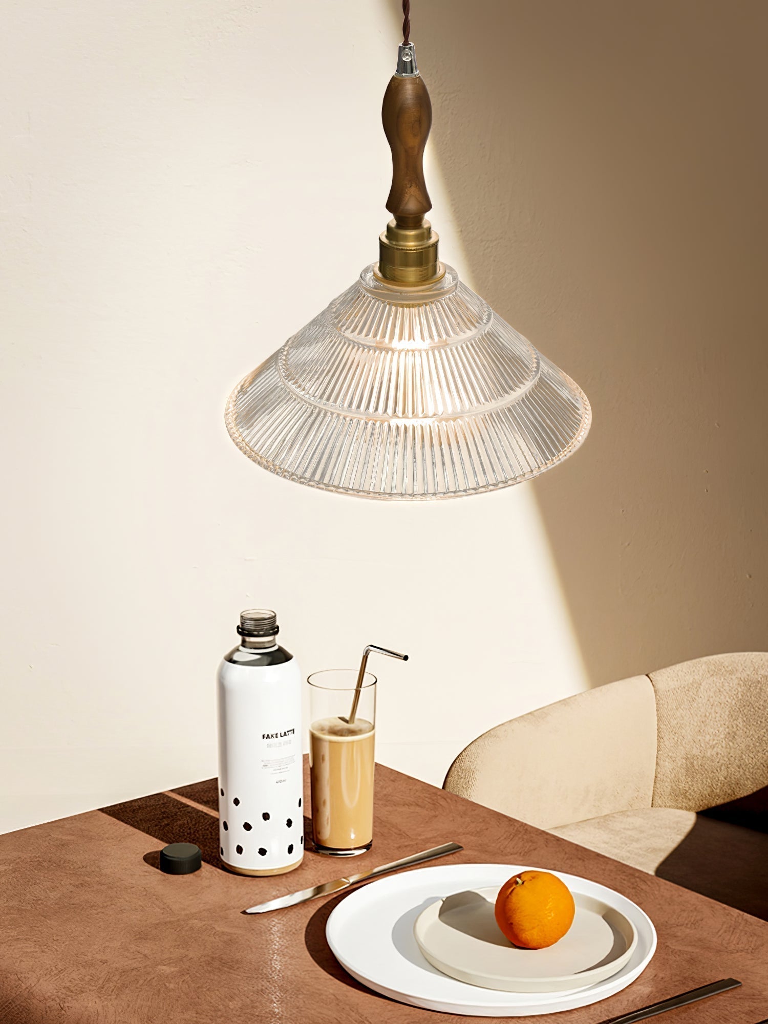 Arcara Vintage Ripple Glass Wood Pendant Lamp