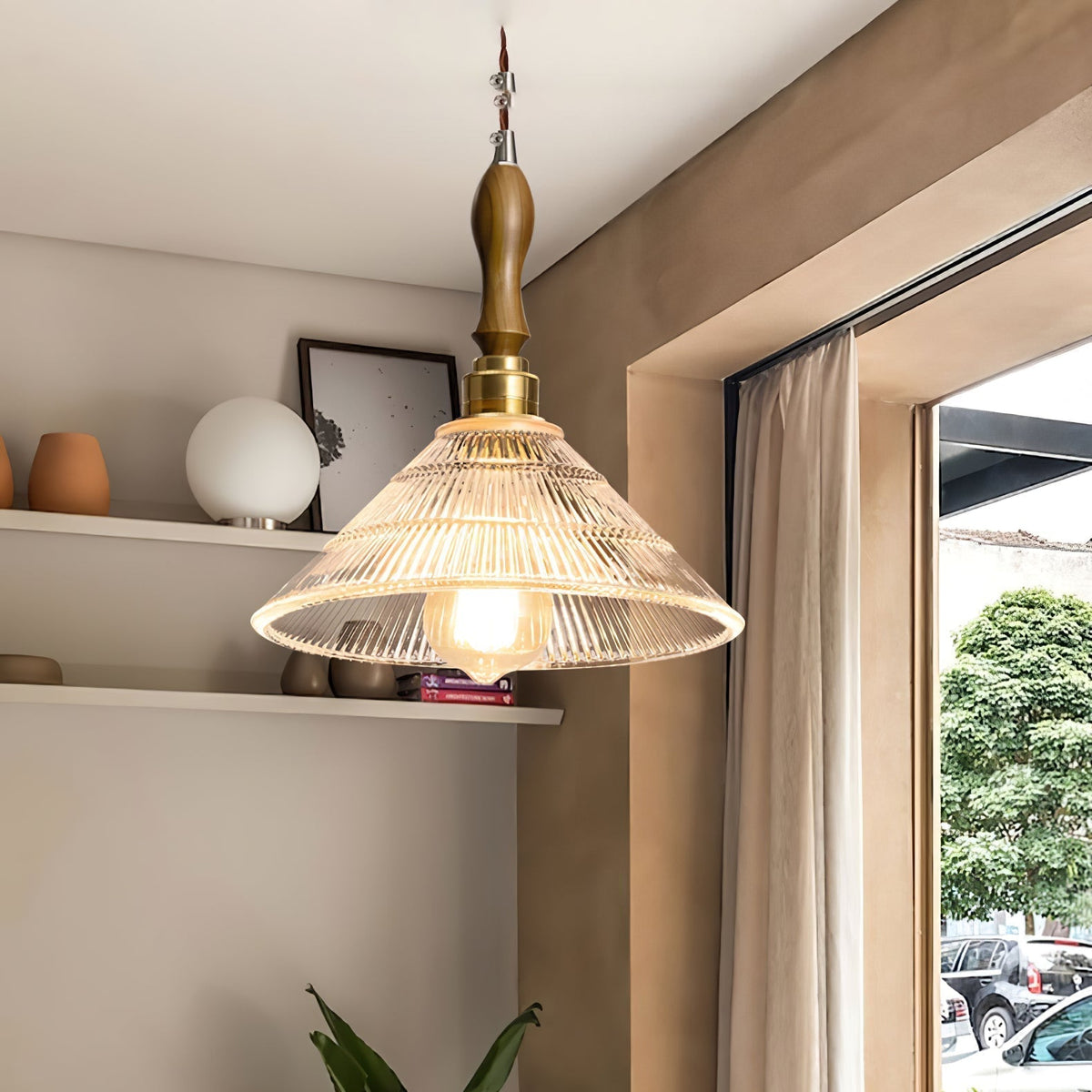 Arcara Vintage Ripple Glass Wood Pendant Lamp