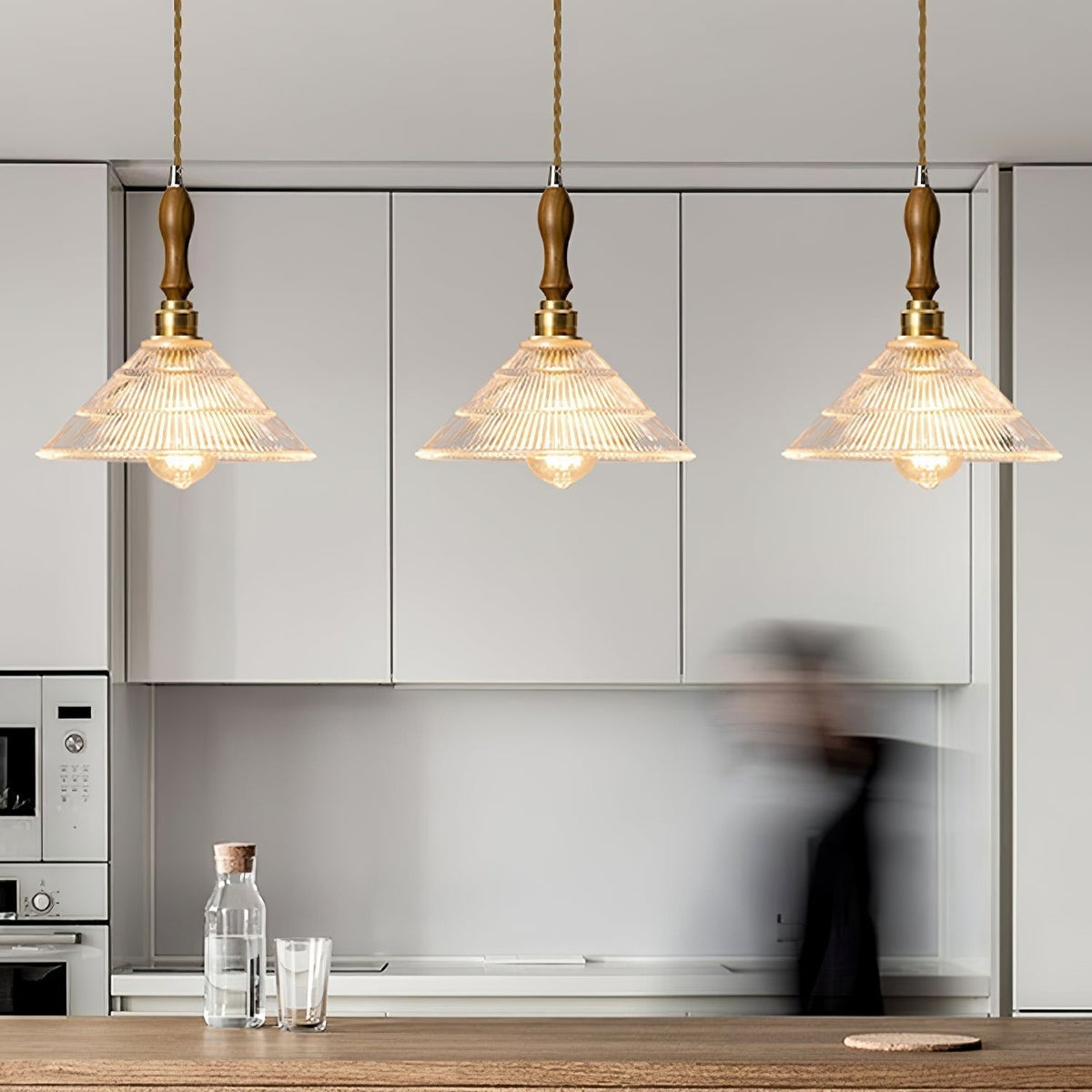 Arcara Vintage Ripple Glass Wood Pendant Lamp