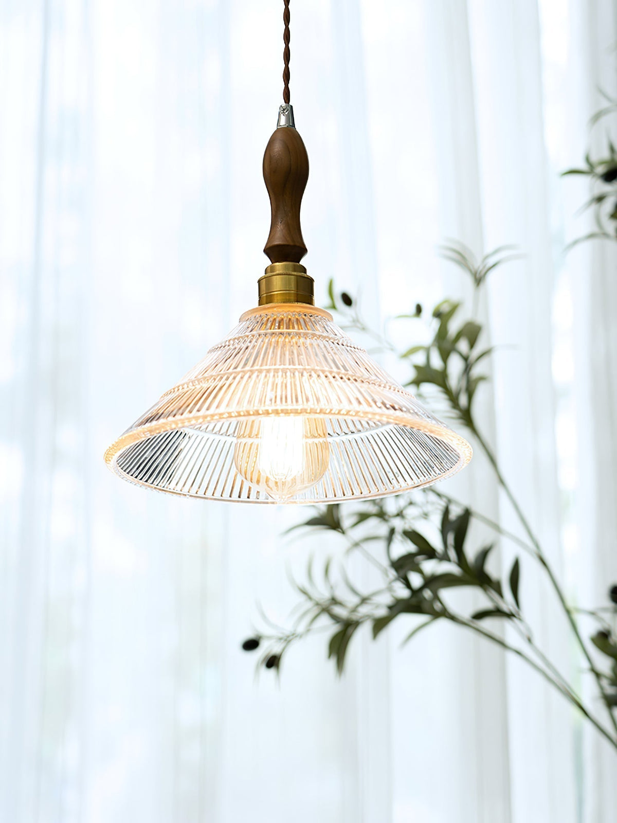 Arcara Vintage Ripple Glass Wood Pendant Lamp