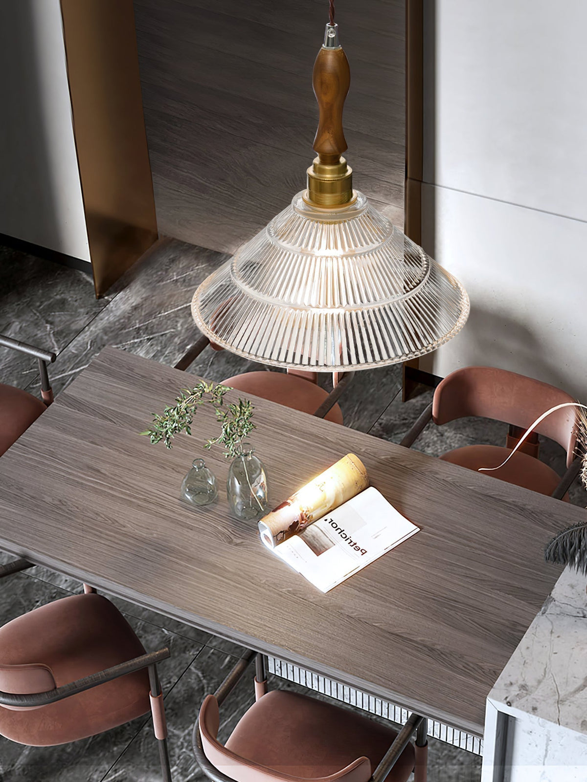 Arcara Vintage Ripple Glass Wood Pendant Lamp