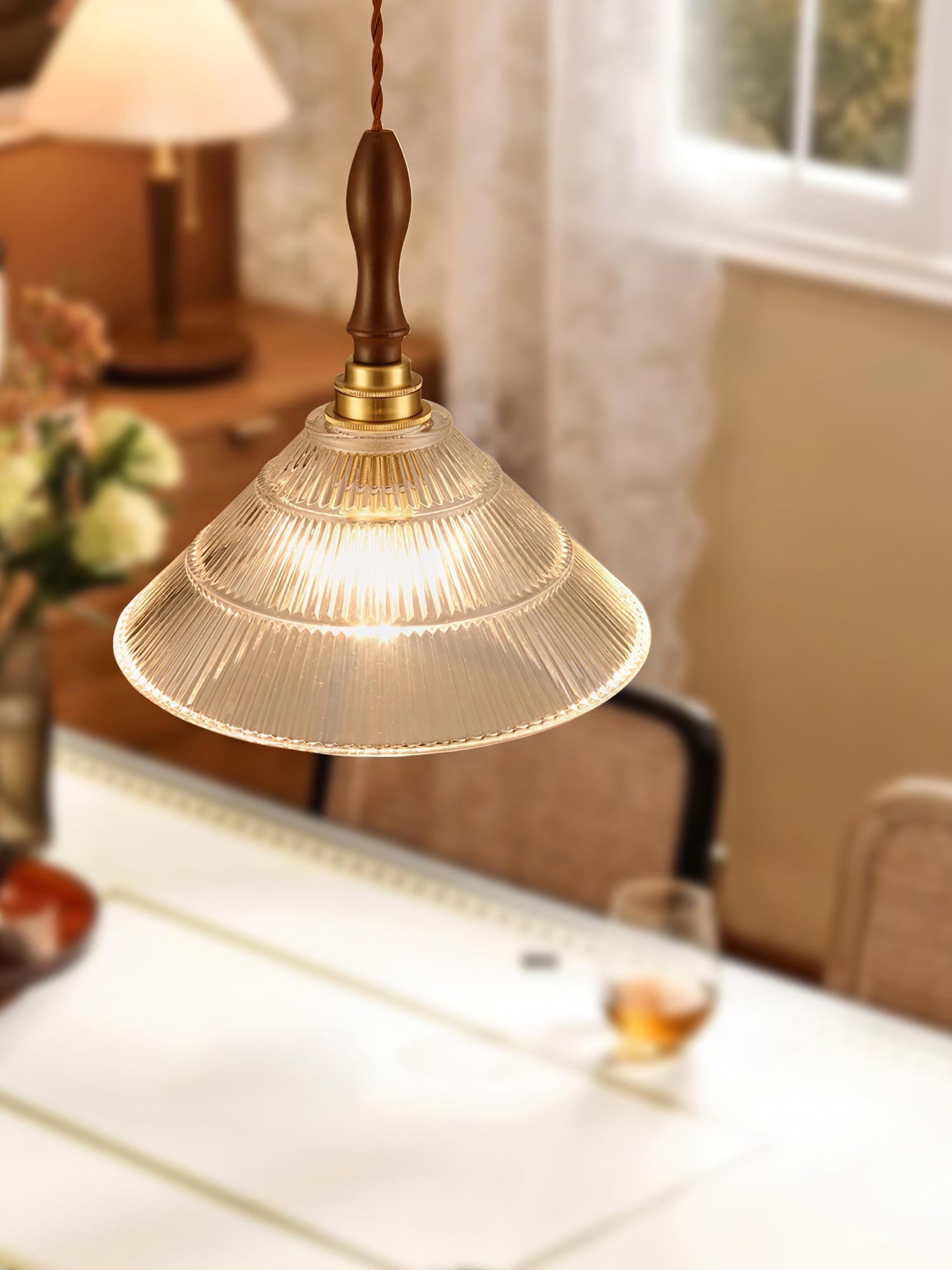 Arcara Vintage Ripple Glass Wood Pendant Lamp