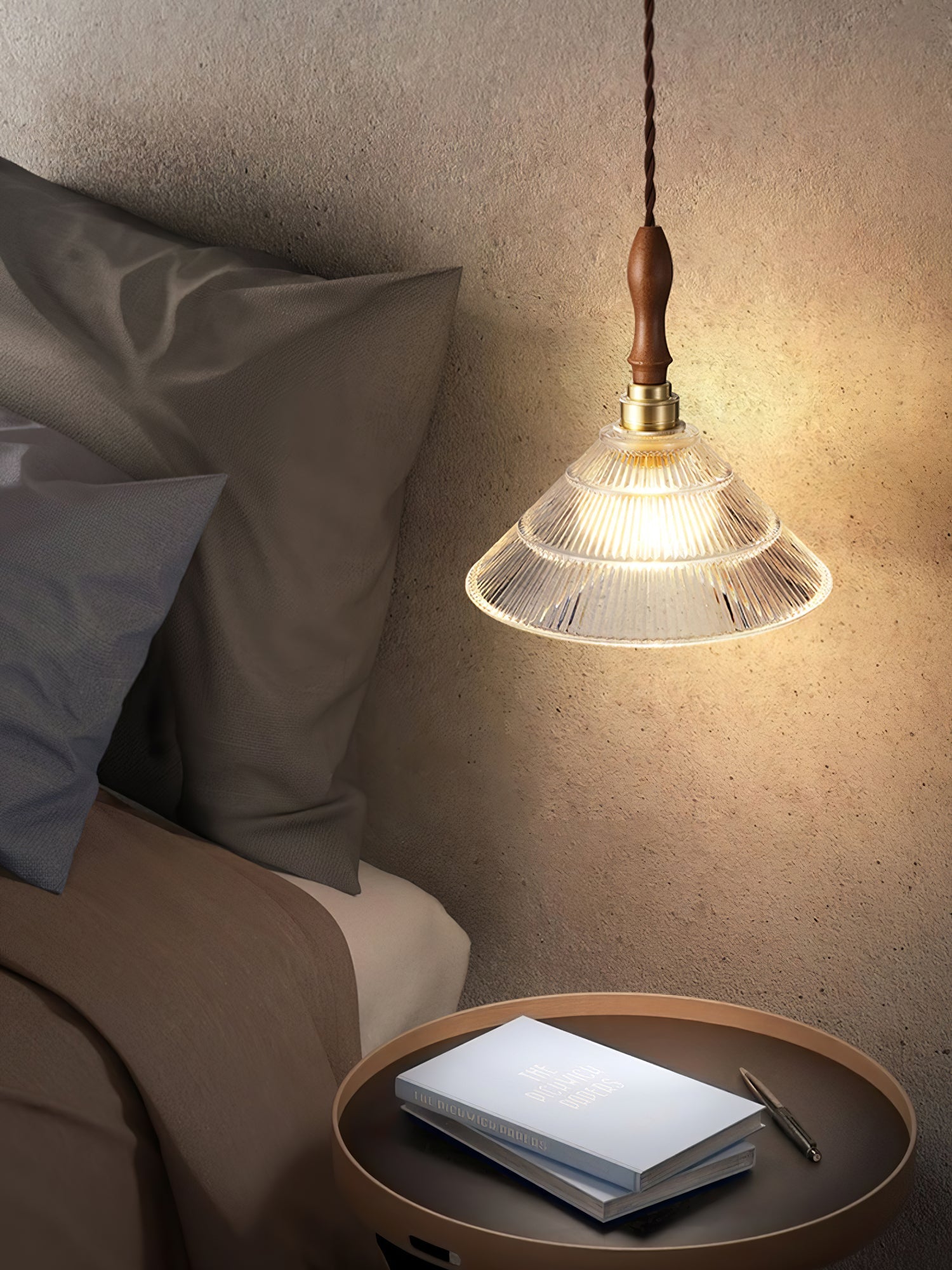 Arcara Vintage Ripple Glass Wood Pendant Lamp