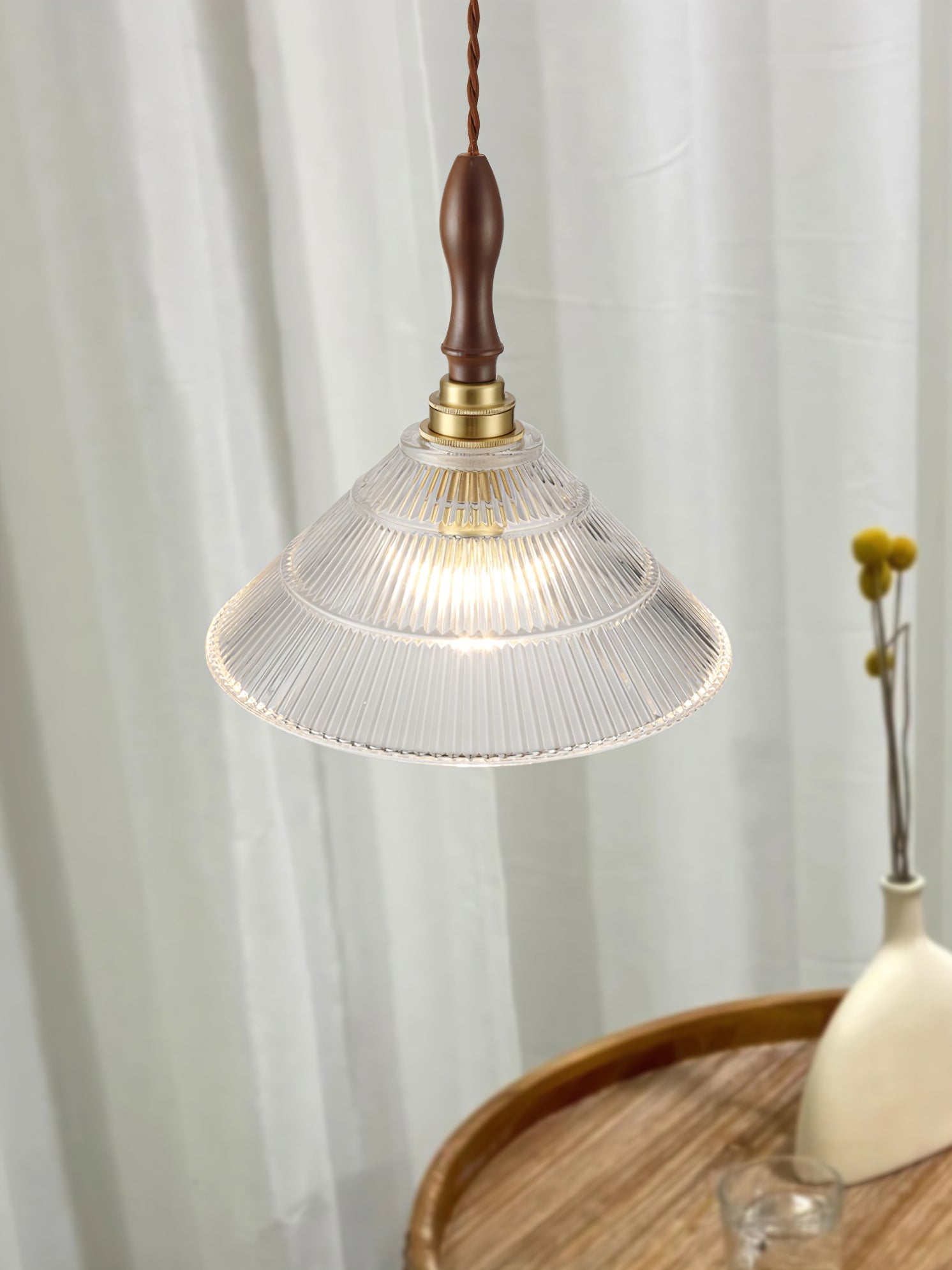 Arcara Vintage Ripple Glass Wood Pendant Lamp