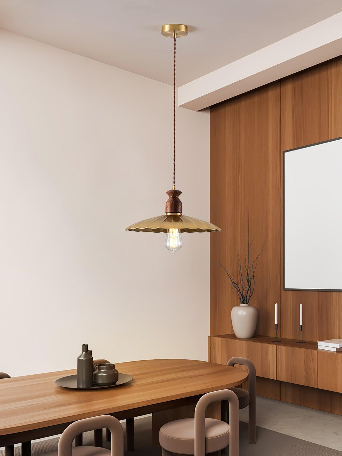 Qior Brass Classic Elegance Crest Wood Pendant Light