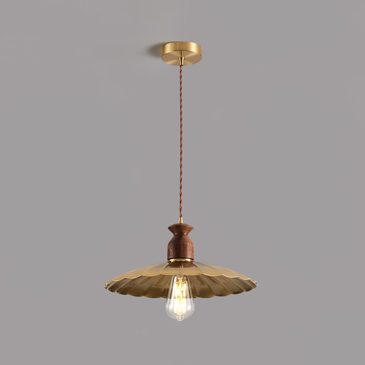 Qior Brass Classic Elegance Crest Wood Pendant Light