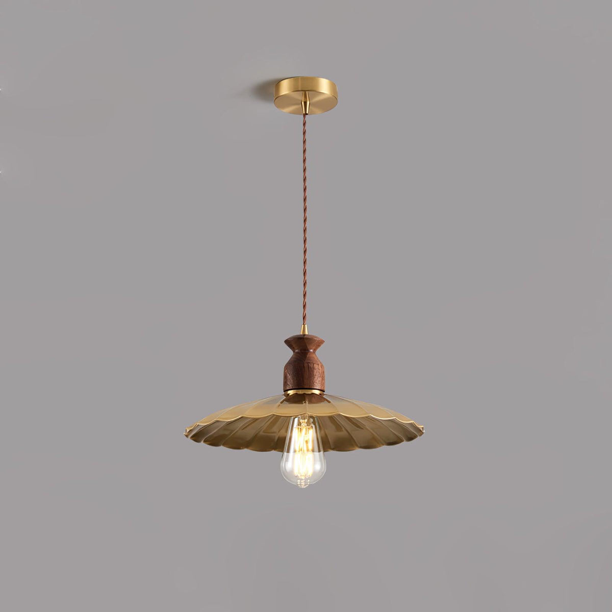 Qior Brass Classic Elegance Crest Wood Pendant Light