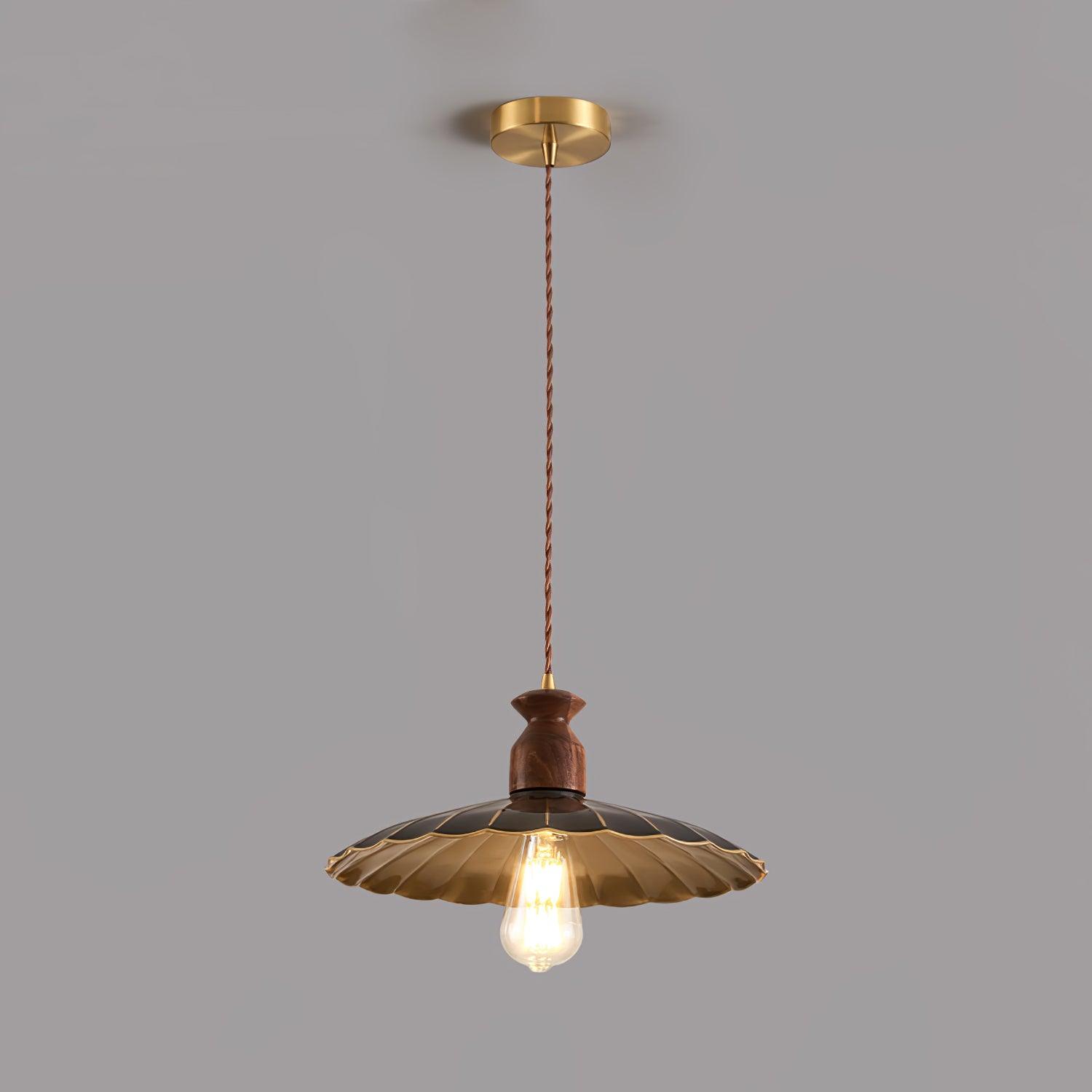Qior Brass Classic Elegance Crest Wood Pendant Light