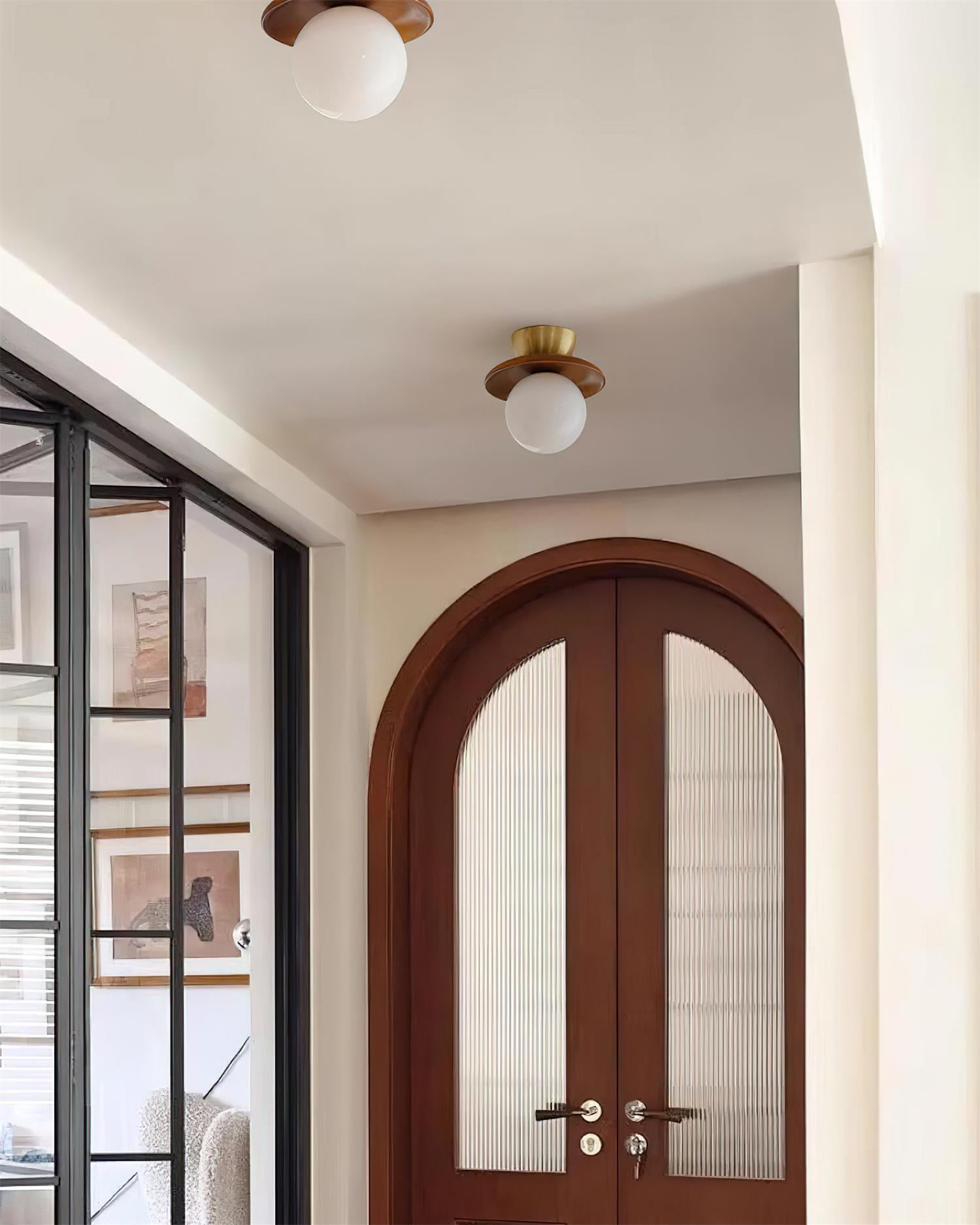 Ceiling Light Globe Opal Glass Modern Brass Walnut Accent Flush Mount - Neutral Decor