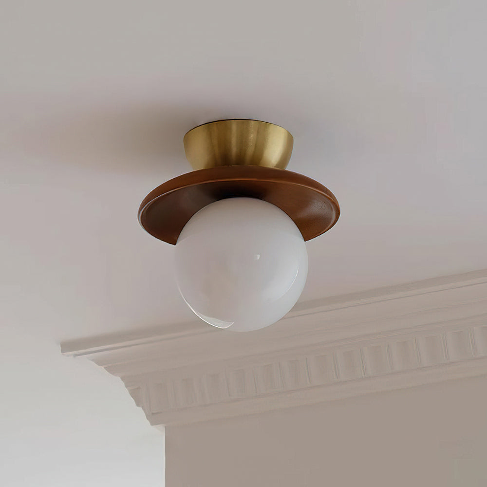 Ceiling Light Globe Opal Glass Modern Brass Walnut Accent Flush Mount - Neutral Decor
