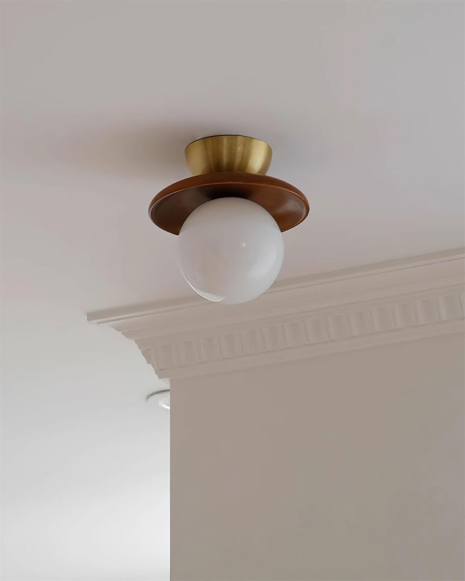 Ceiling Light Globe Opal Glass Modern Brass Walnut Accent Flush Mount - Neutral Decor