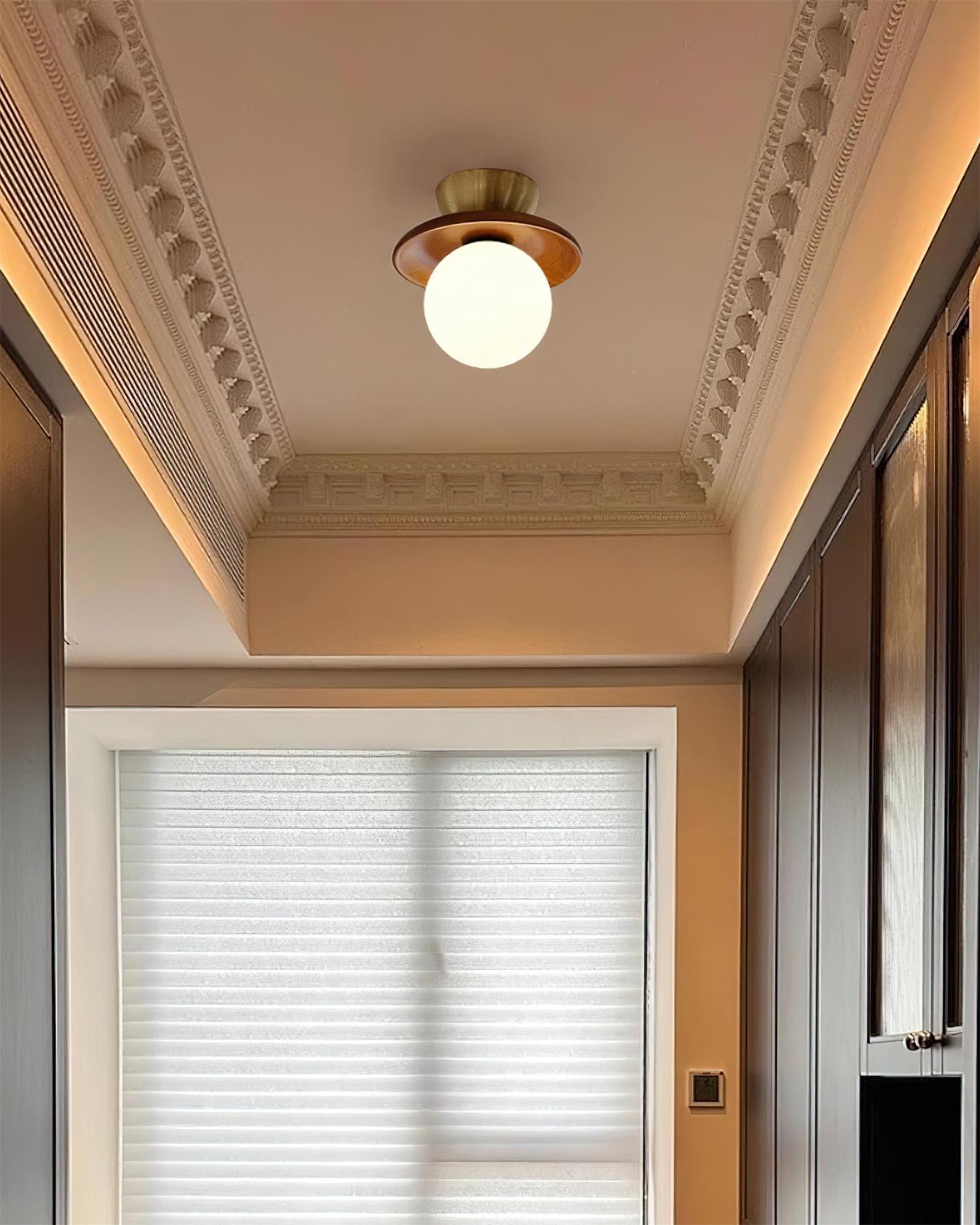 Ceiling Light Globe Opal Glass Modern Brass Walnut Accent Flush Mount - Neutral Decor