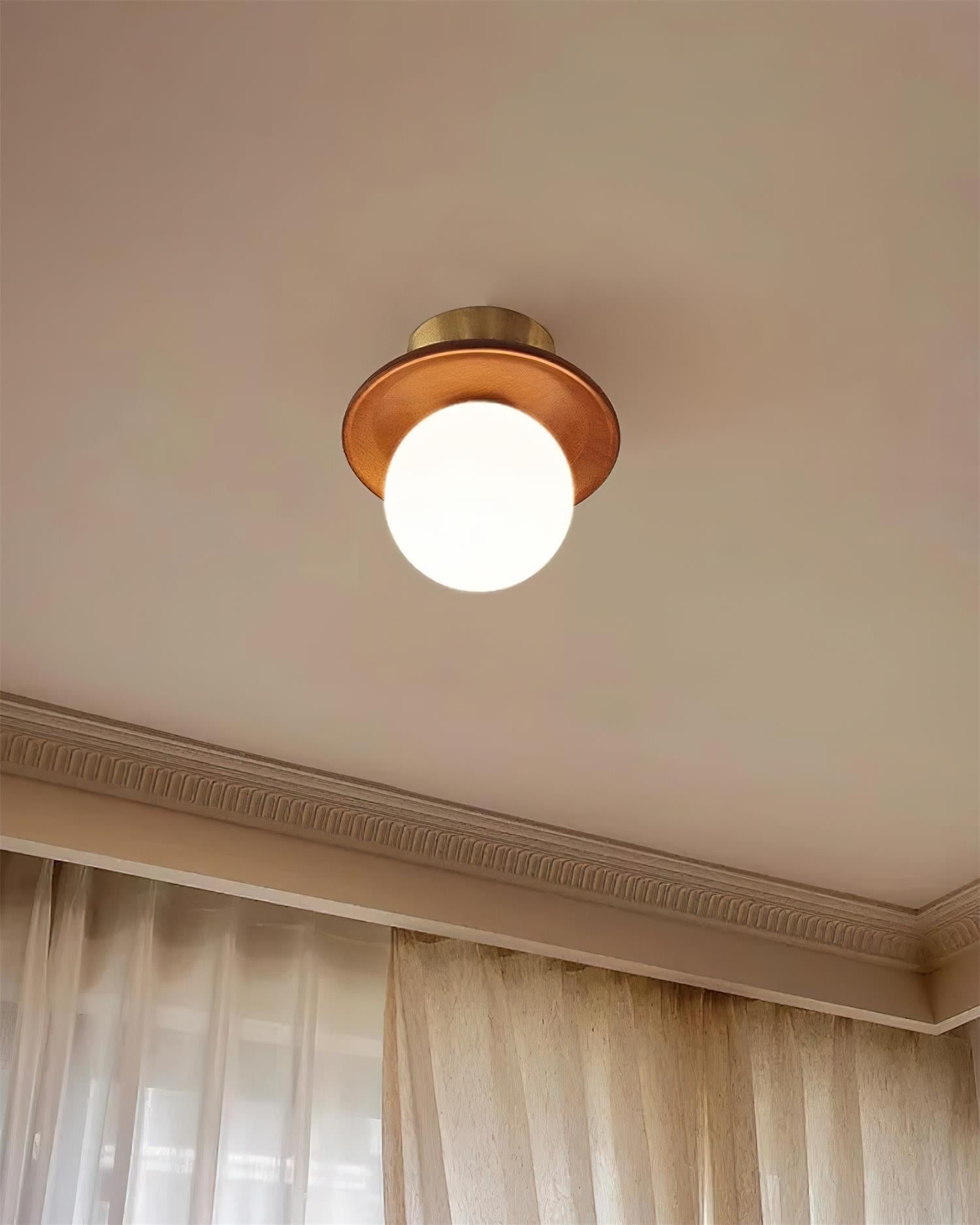 Ceiling Light Globe Opal Glass Modern Brass Walnut Accent Flush Mount - Neutral Decor