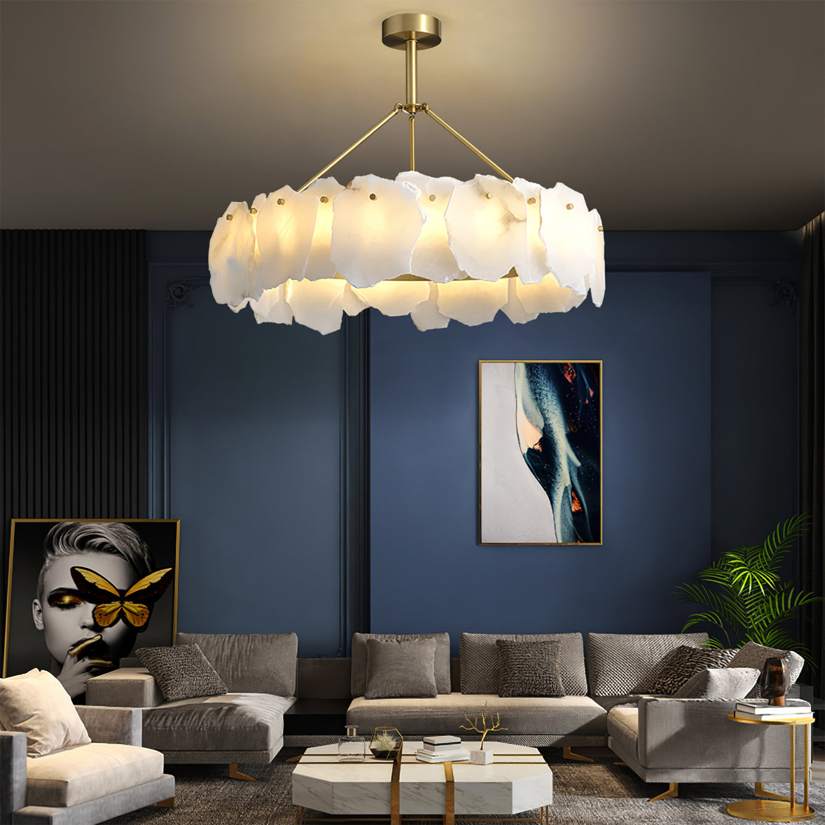 Burton Chandelier Alabaster Layered Halo - Neutral Decor