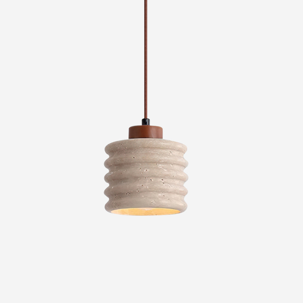 Pendant Lamp Travertine Ripple Shade Walnut Wood Organic Wabi-Sabi - Neutral Decor