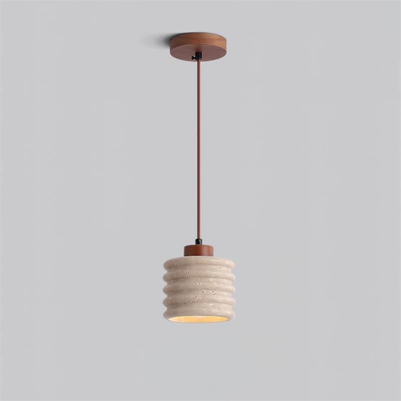 Pendant Lamp Travertine Ripple Shade Walnut Wood Organic Wabi-Sabi - Neutral Decor