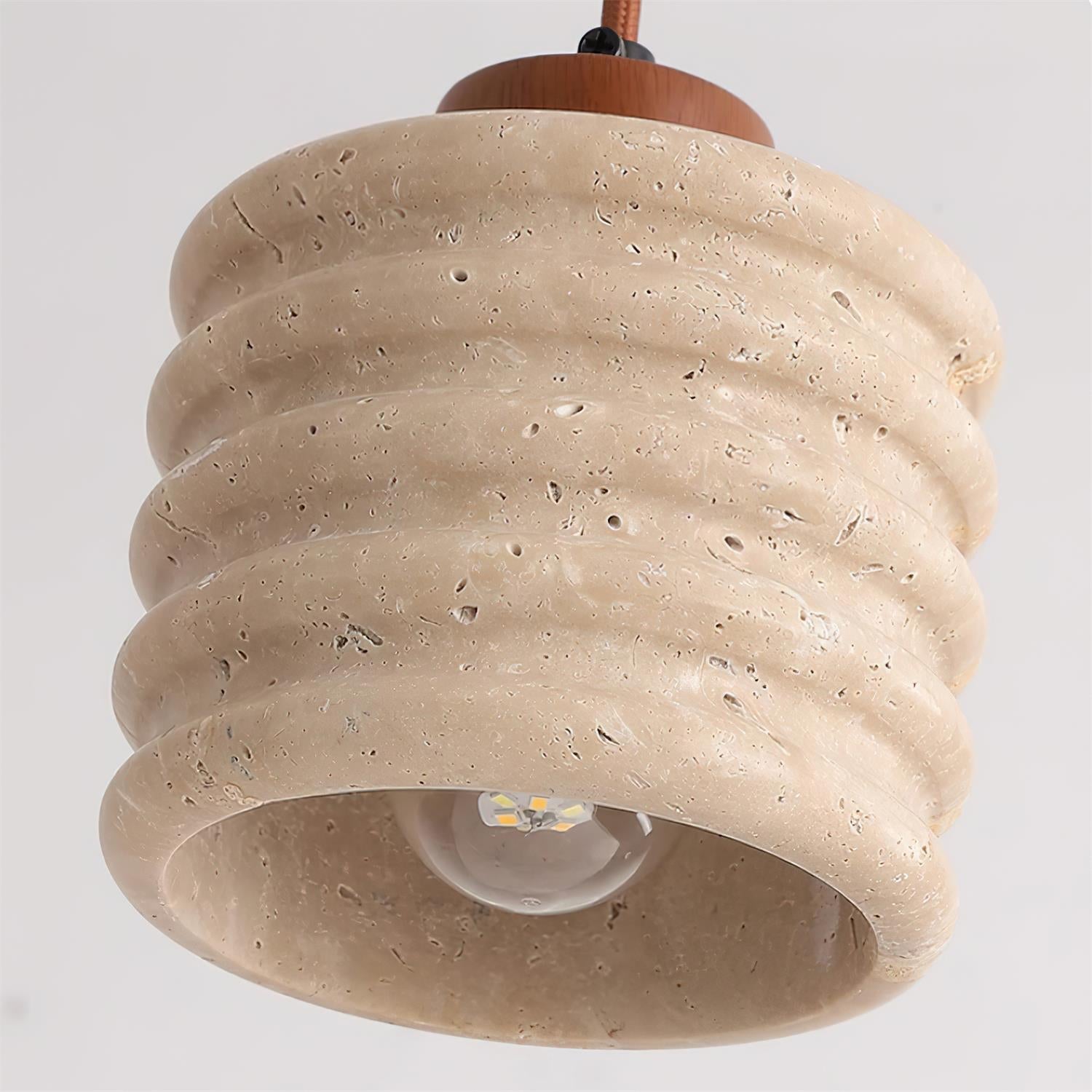 Pendant Lamp Travertine Ripple Shade Walnut Wood Organic Wabi-Sabi - Neutral Decor