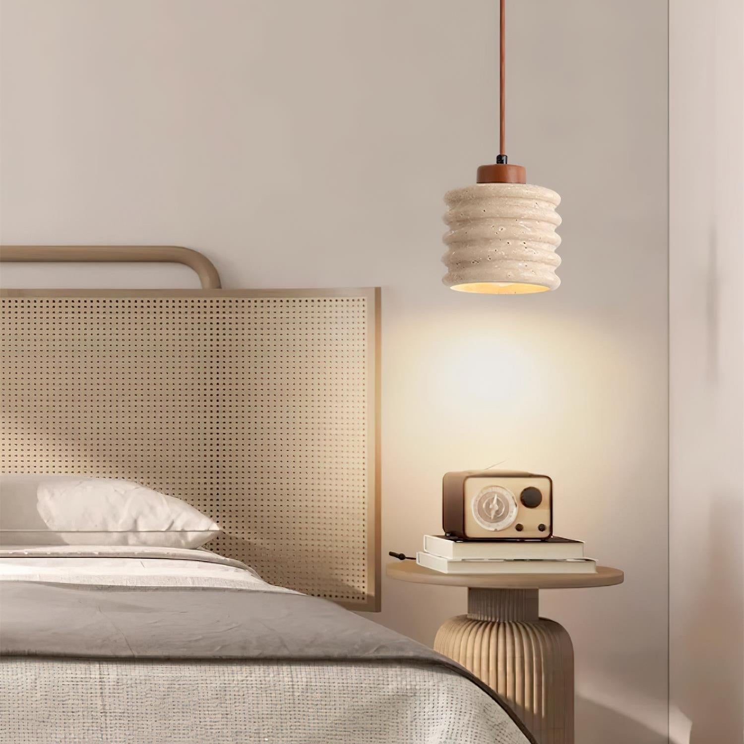 Pendant Lamp Travertine Ripple Shade Walnut Wood Organic Wabi-Sabi - Neutral Decor
