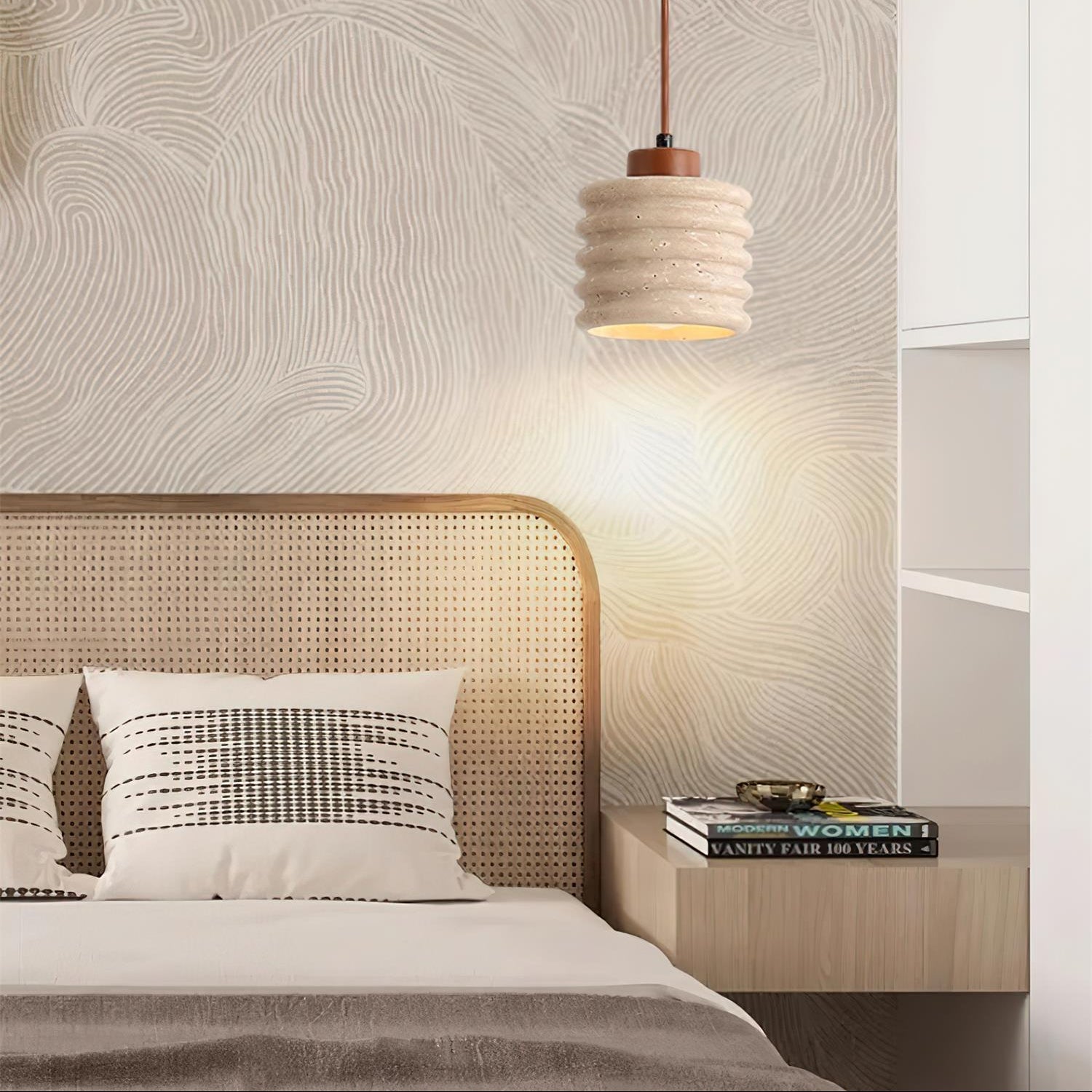 Pendant Lamp Travertine Ripple Shade Walnut Wood Organic Wabi-Sabi - Neutral Decor