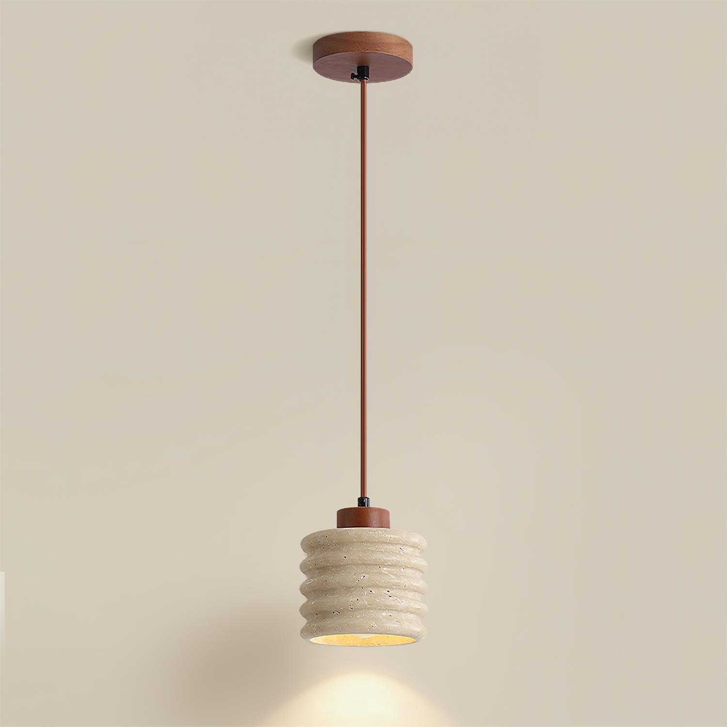 Pendant Lamp Travertine Ripple Shade Walnut Wood Organic Wabi-Sabi - Neutral Decor