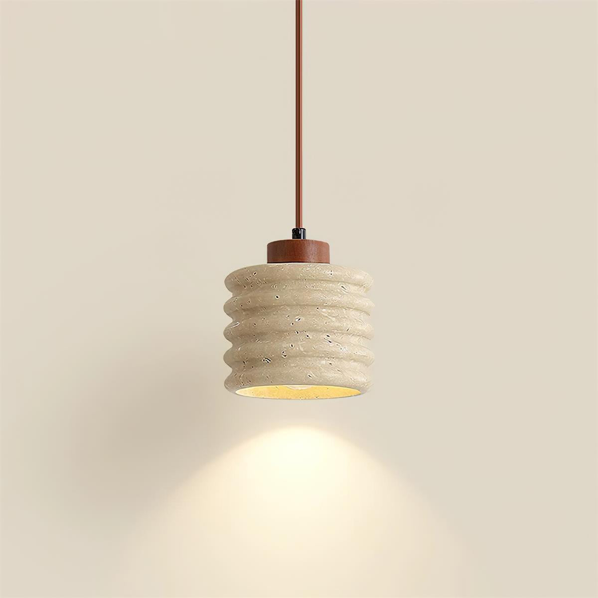 Pendant Lamp Travertine Ripple Shade Walnut Wood Organic Wabi-Sabi - Neutral Decor