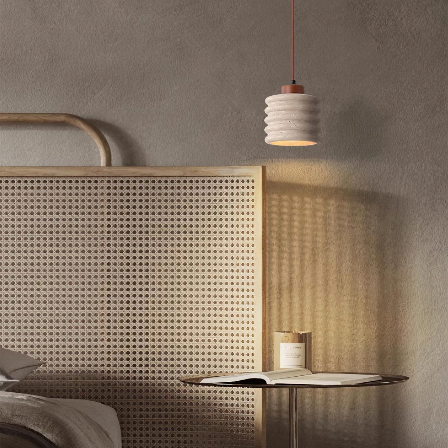 Pendant Lamp Travertine Ripple Shade Walnut Wood Organic Wabi-Sabi - Neutral Decor