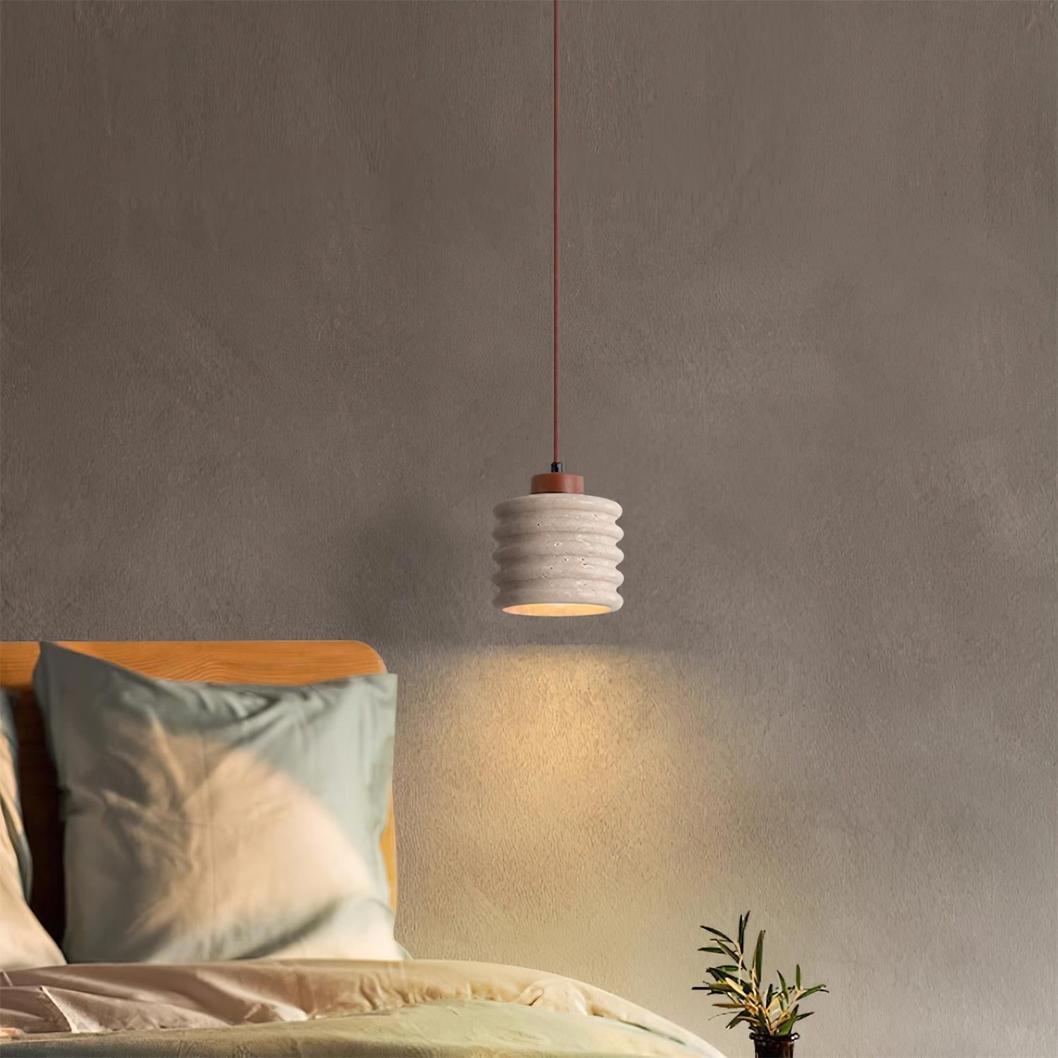 Pendant Lamp Travertine Ripple Shade Walnut Wood Organic Wabi-Sabi - Neutral Decor