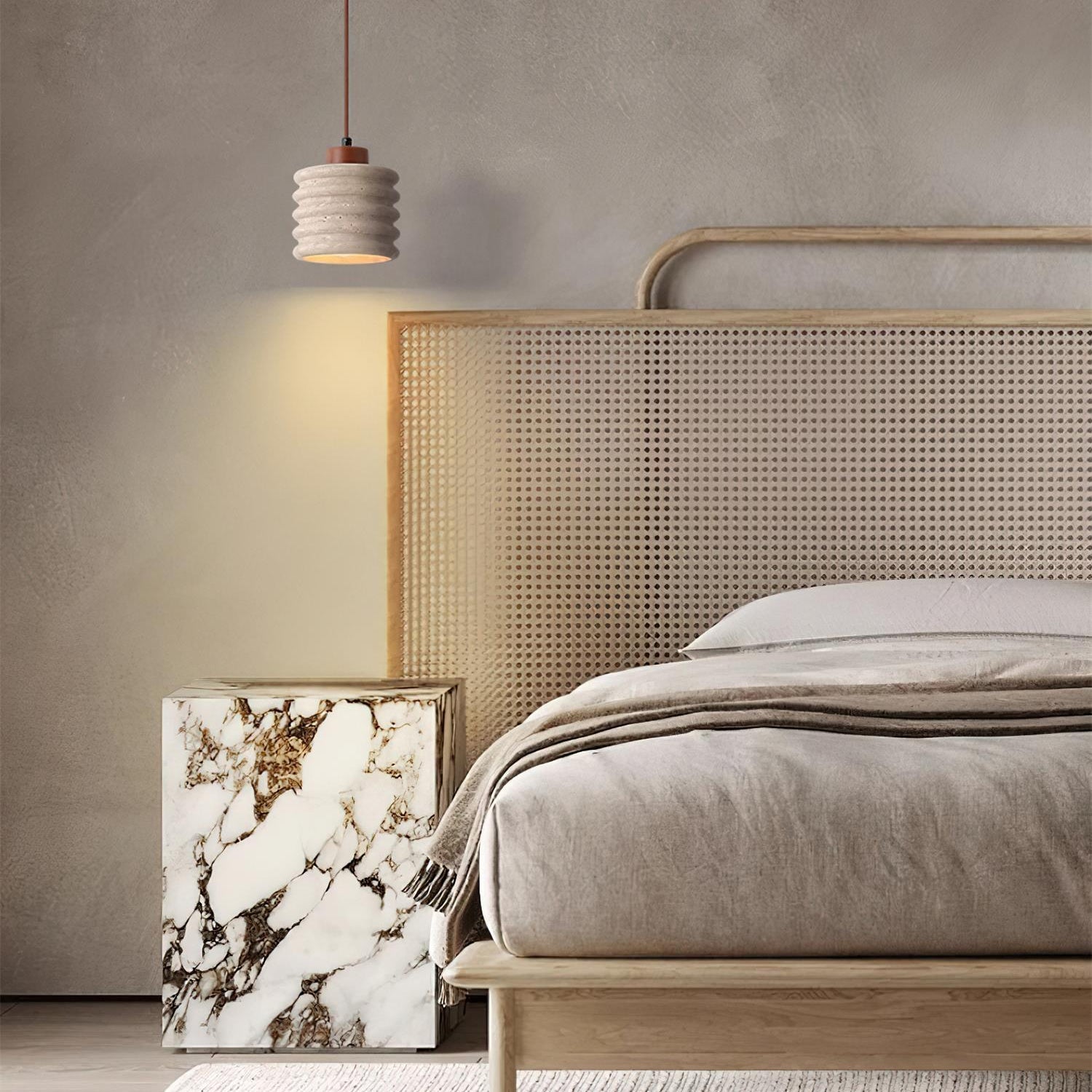 Pendant Lamp Travertine Ripple Shade Walnut Wood Organic Wabi-Sabi - Neutral Decor