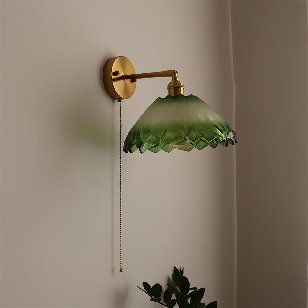 Wall Lamp Brass with Green/Clear Glass Shade and Pull Chain - Neutral Decor