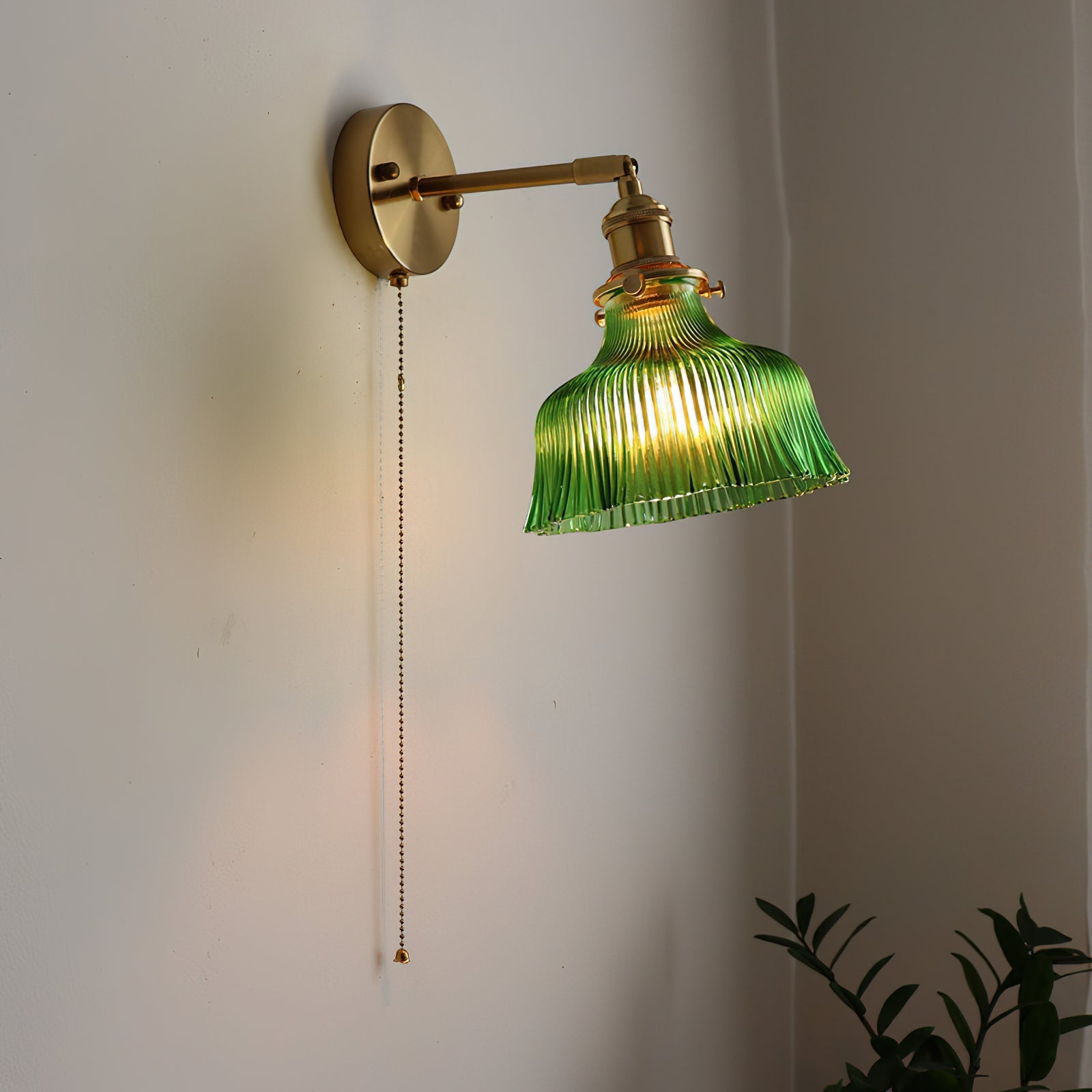 Wall Lamp Brass with Green/Clear Glass Shade and Pull Chain - Neutral Decor