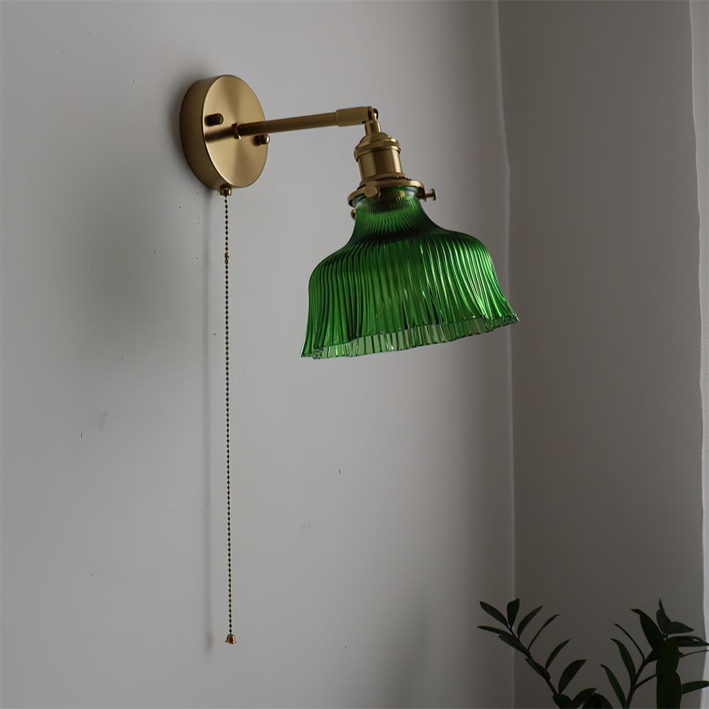Wall Lamp Brass with Green/Clear Glass Shade and Pull Chain - Neutral Decor