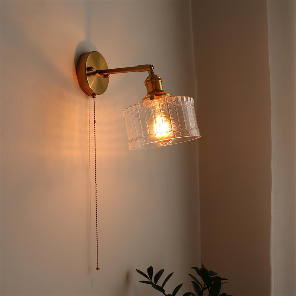 Wall Lamp Brass with Green/Clear Glass Shade and Pull Chain - Neutral Decor