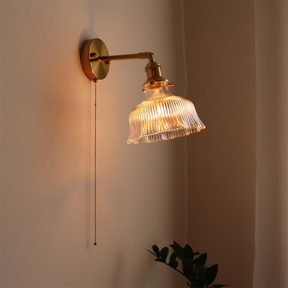 Wall Lamp Brass with Green/Clear Glass Shade and Pull Chain - Neutral Decor