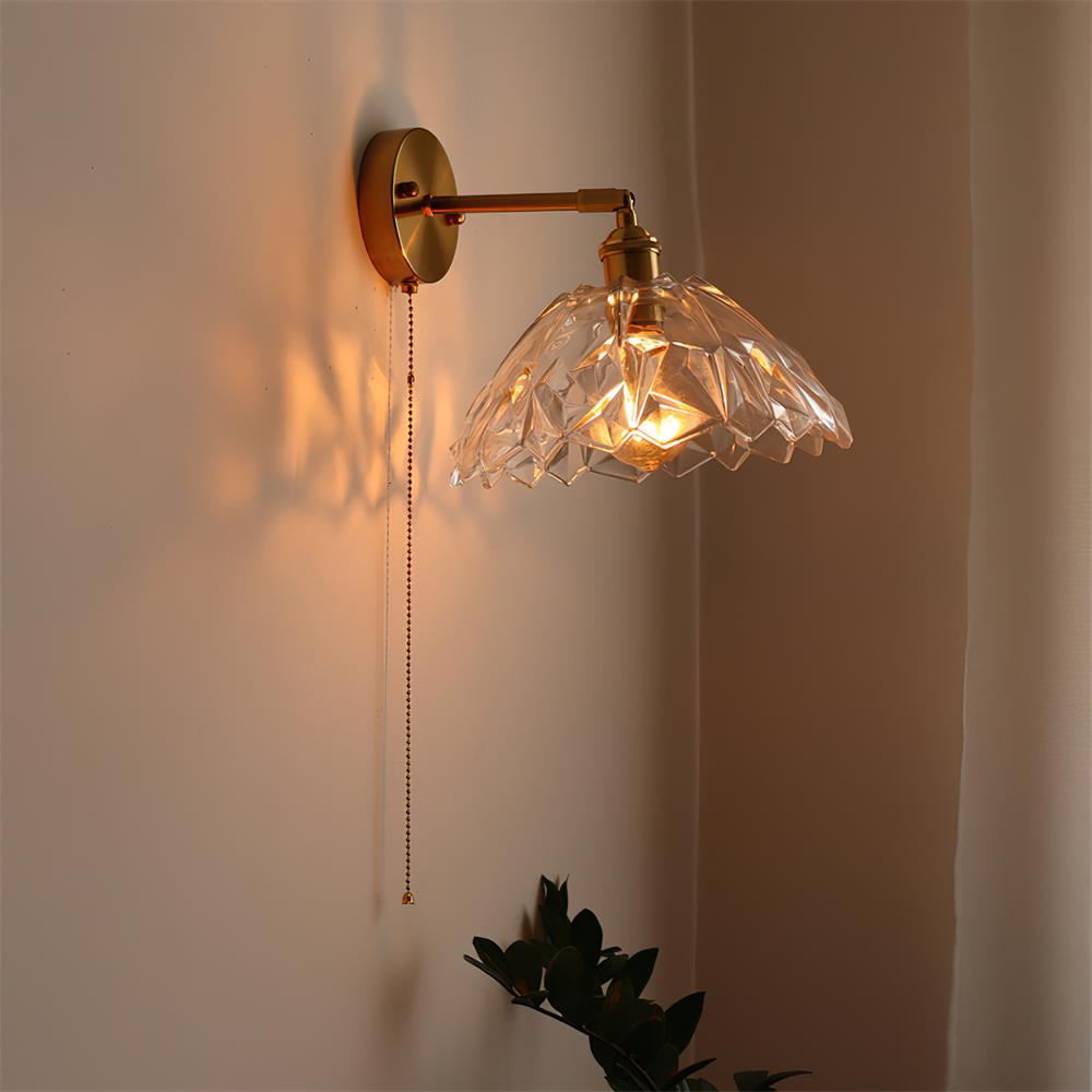 Wall Lamp Brass with Green/Clear Glass Shade and Pull Chain - Neutral Decor