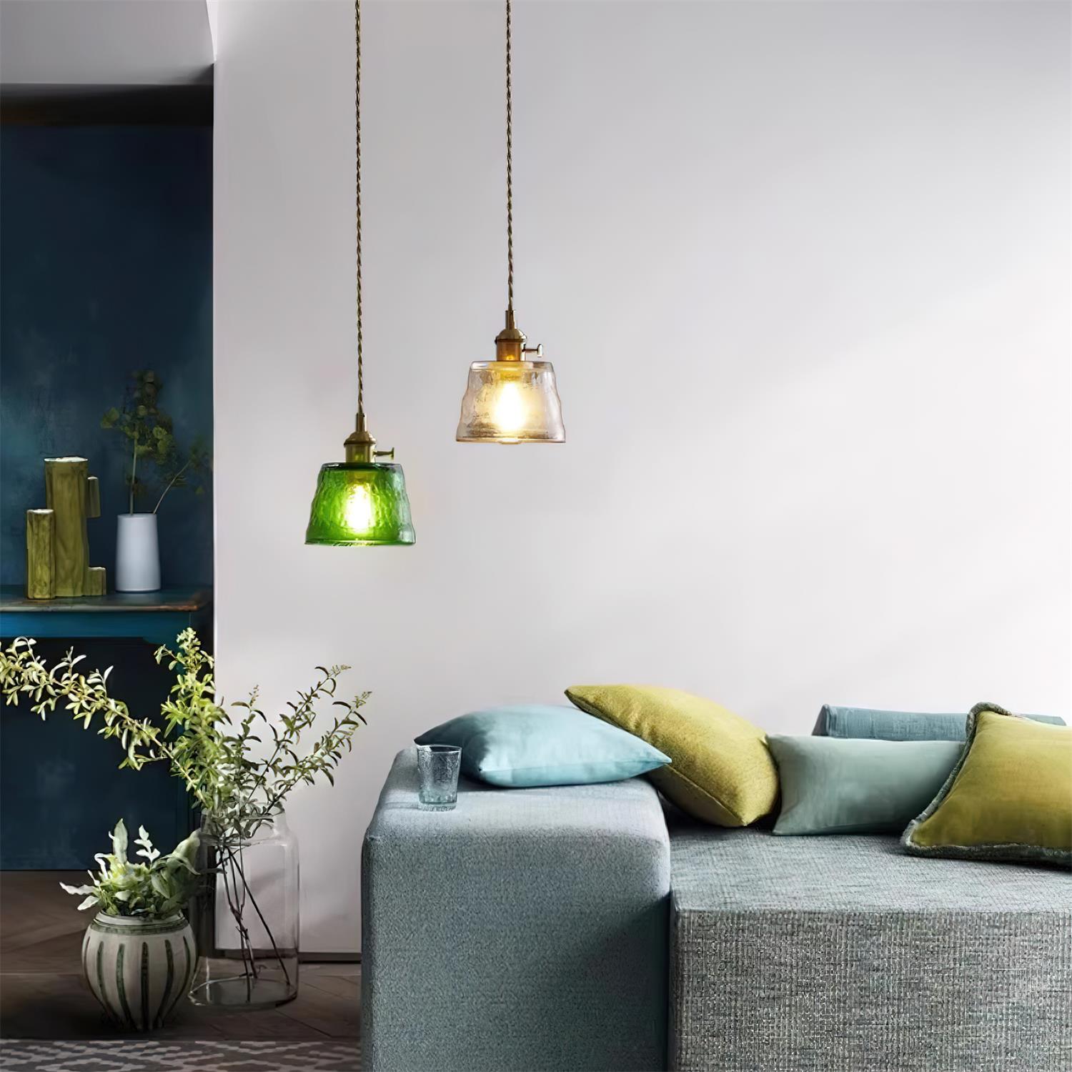 Pendant Lamp Brass and Glass Textured Shade Artisan Vintage Accent - Neutral Decor