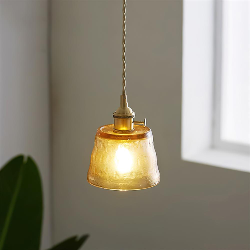 Pendant Lamp Brass and Glass Textured Shade Artisan Vintage Accent - Neutral Decor