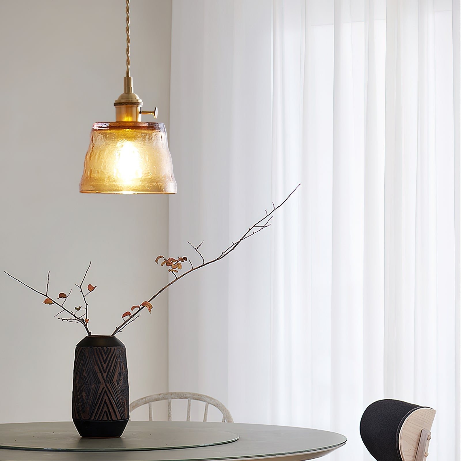 Pendant Lamp Brass and Glass Textured Shade Artisan Vintage Accent - Neutral Decor