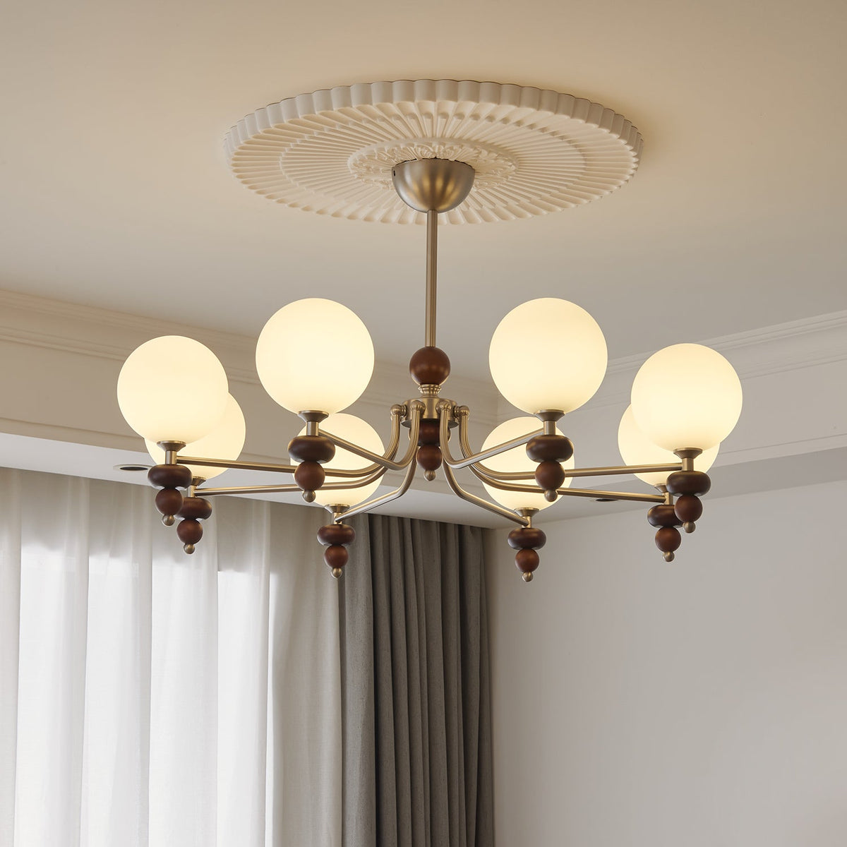 Cemarus Traditional Sphere Walnut Wood Glass Chandelier