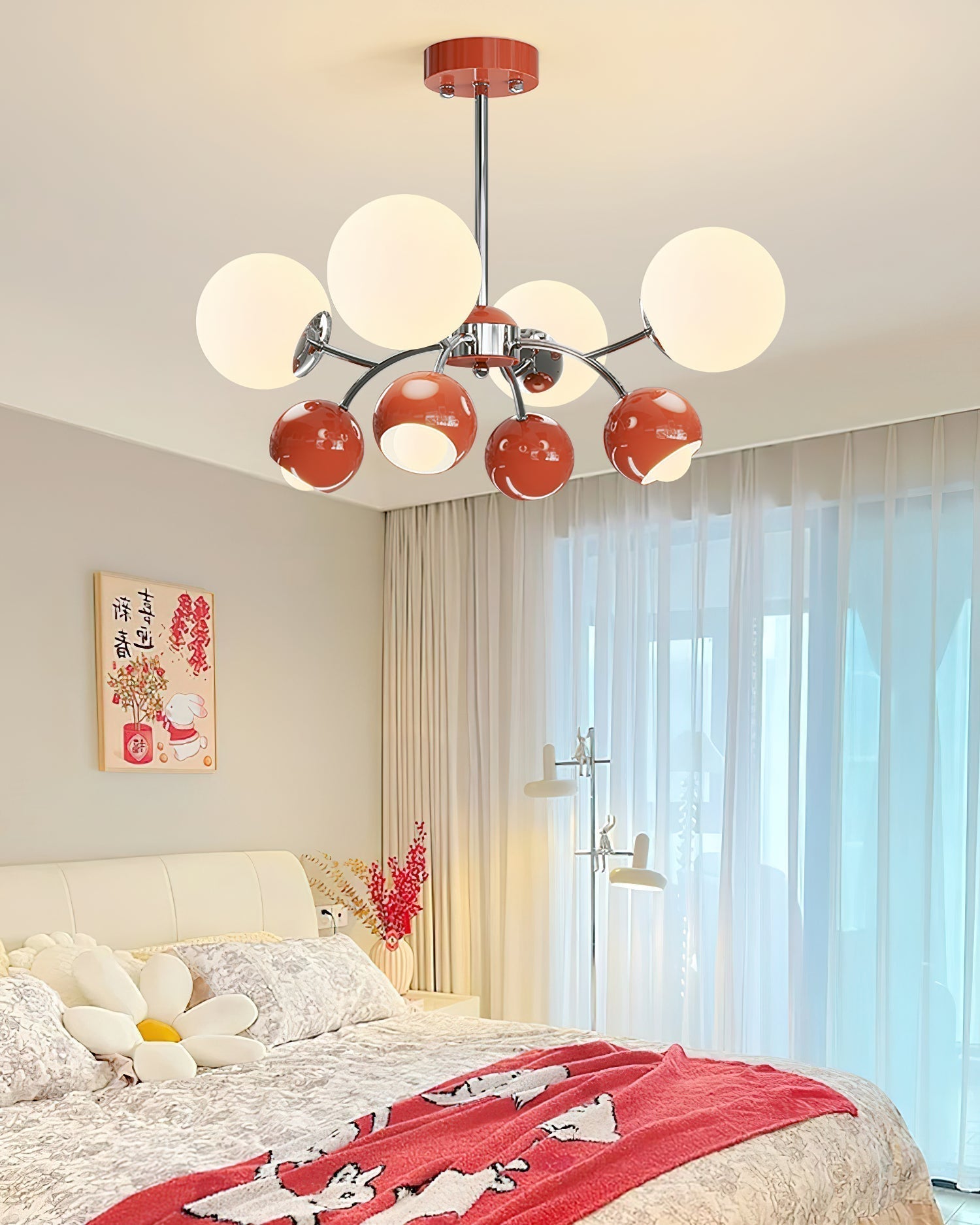Noxiren Chandelier Chrome Red Cream Globe