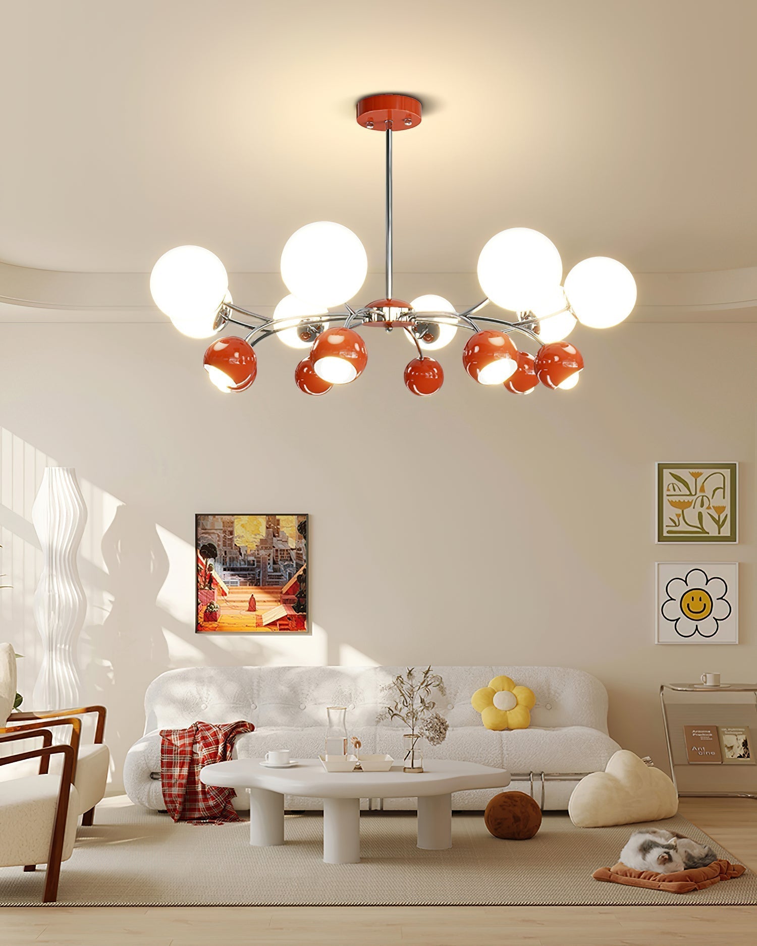 Noxiren Chandelier Chrome Red Cream Globe