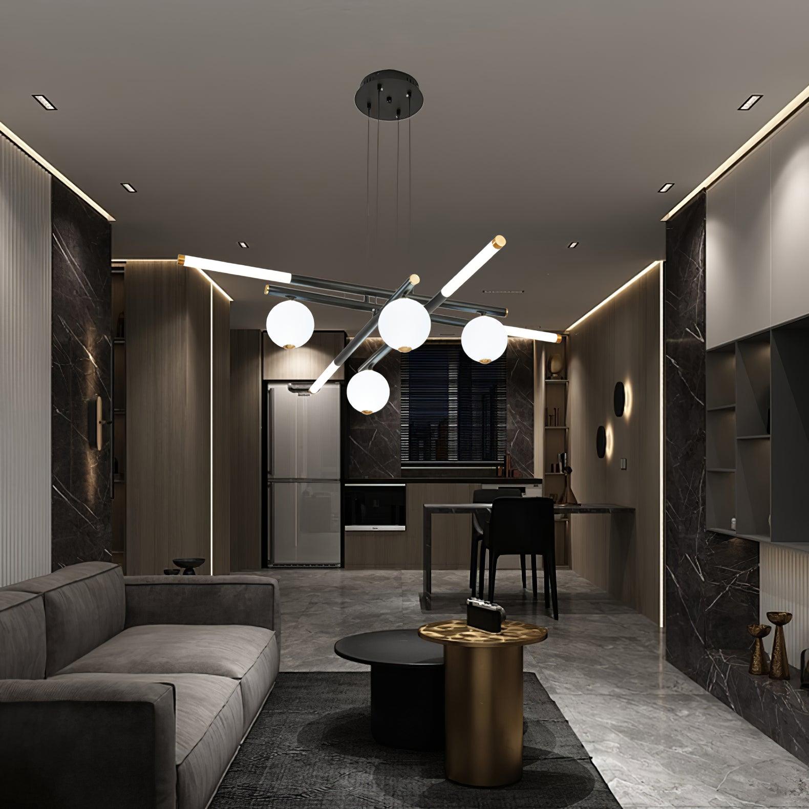 Chandelier Black White Rods and Globe Modern